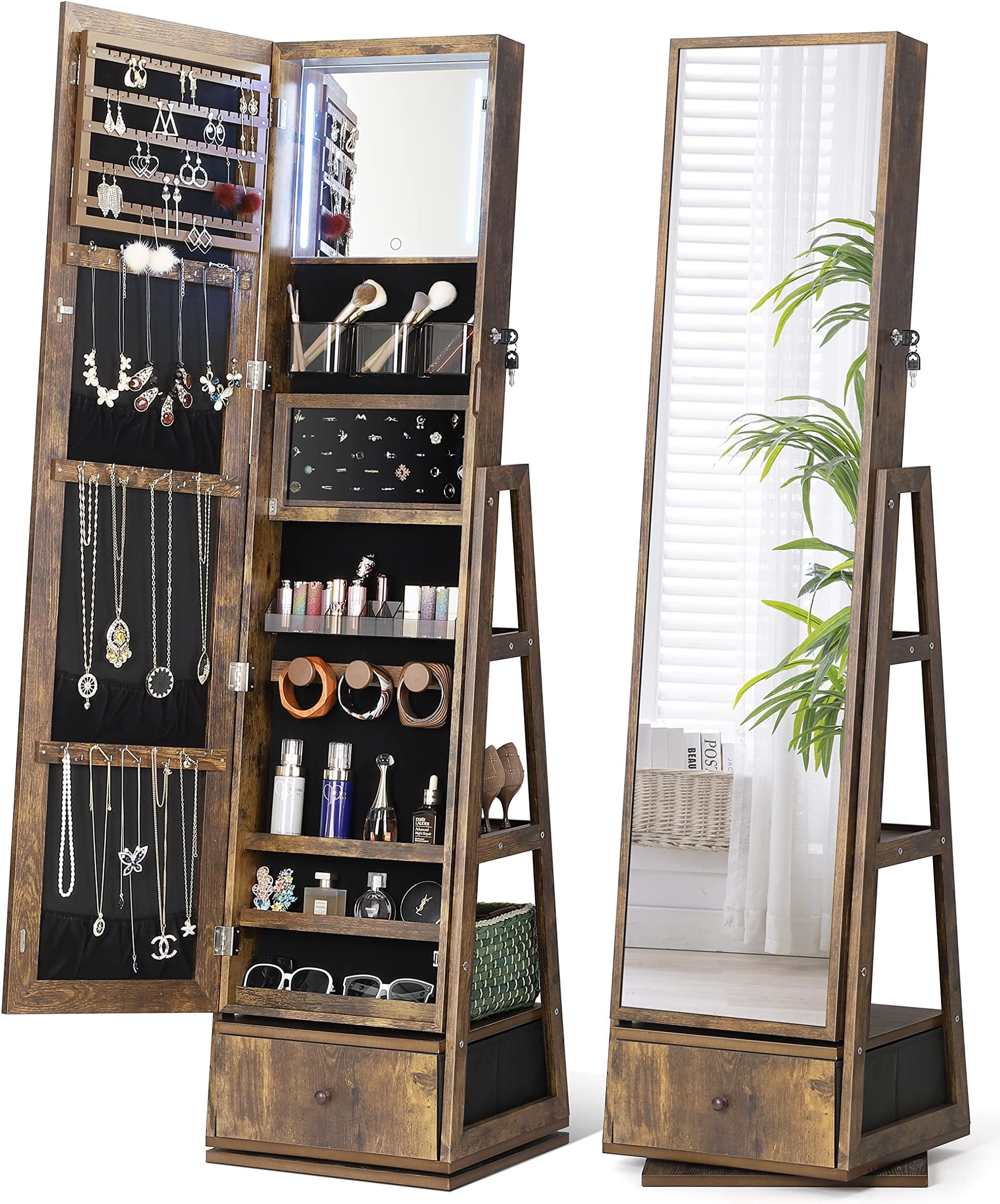 Amazon.com: Dystler 61'' Full Length Mirror Jewelry Cabinet, 360°Swivel ... with regard to Bella Home Deluxe 71" Full-Length Mirror And Swivel Shelving Unit, Merlot