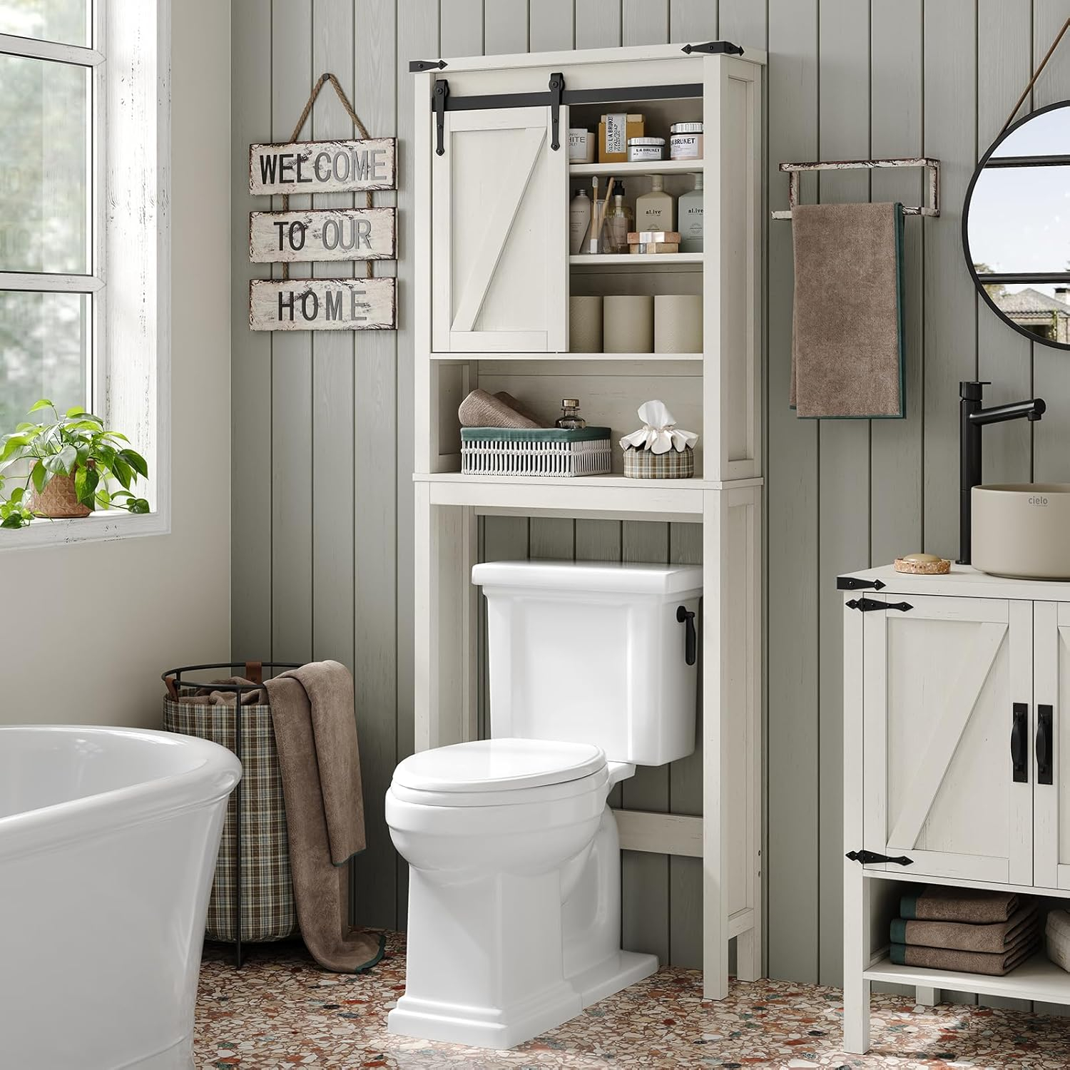 Amazon.com: Furnihold 26.3''W Farmhouse Over The Toilet Storage Cabinet ... pertaining to The Art of Choosing the Right Over-Toilet Storage for Your Home