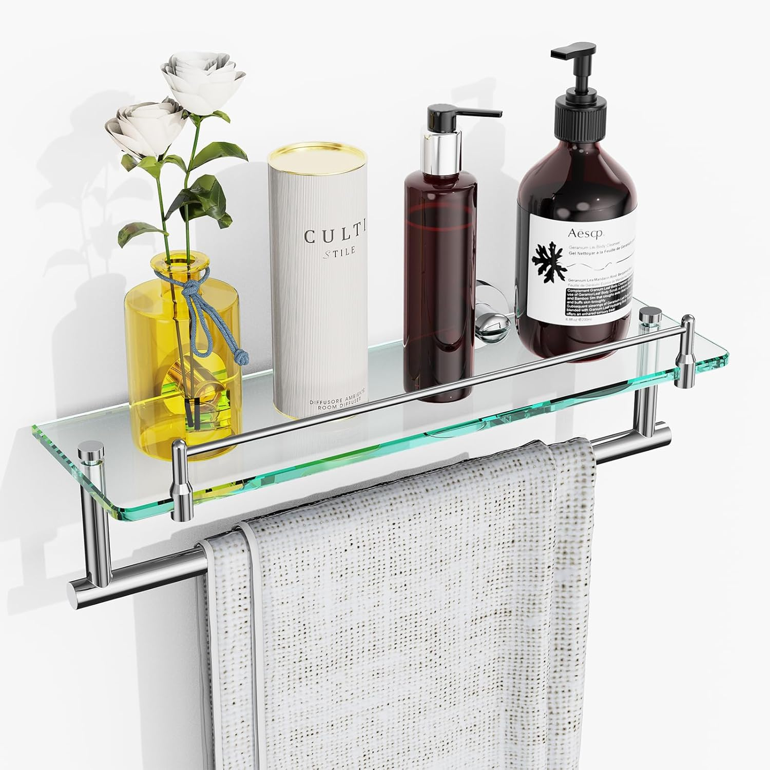 Amazon.com: Kocok 16 Inch Bathroom Glass Shelf With Towel Bar, Chrome ... in Home Bathroom Glass Shelf Brushed Chrome