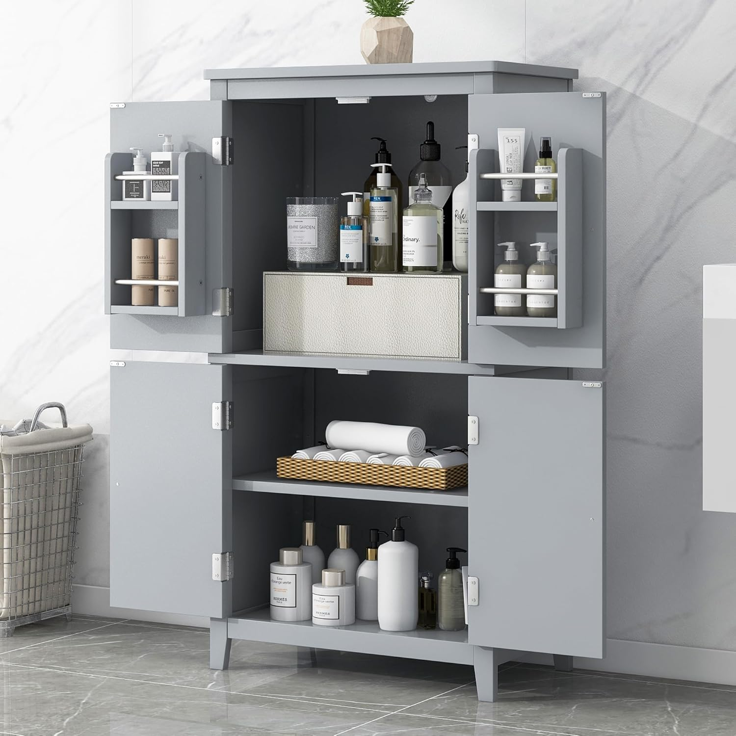 Amazon.com: Lopoo Elegant Bathroom Floor Storage Cabinet, Freestanding ... within Maximizing Your Storage Potential with Aeri Gray Freestanding Units