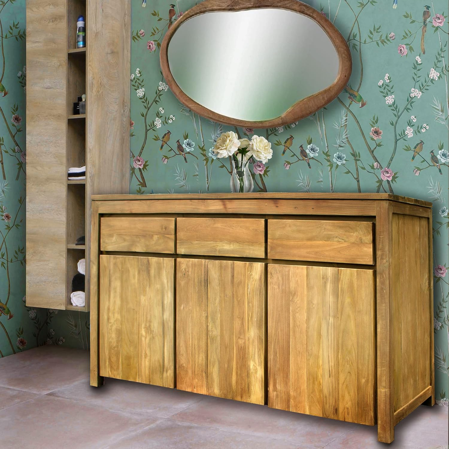 Amazon.com: Recycled Teak Wood Valencia Bathroom Linen Cabinet With 3 ... pertaining to Recycled Teak Wood Valencia Bathroom Linen Cabinet