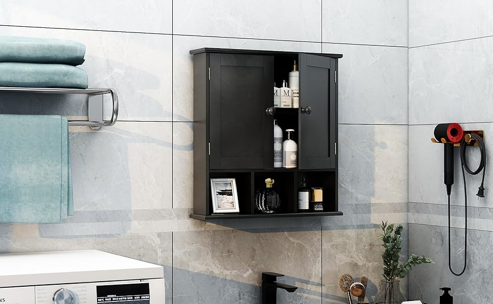 Amazon.com: Taohfe Black Bathroom Cabinet, Wall Mounted 2 Door Storage ... for 22" Tall Bath Wall Mounted Toilet Storage Box