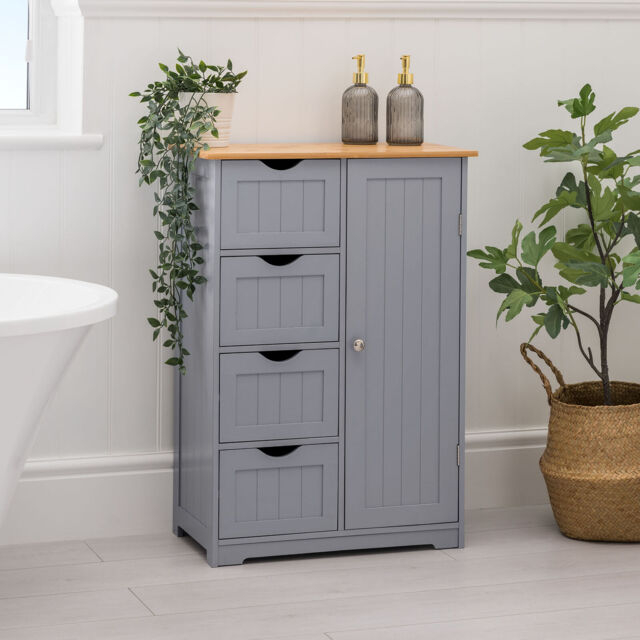 Bathroom Drawer Cabinet Grey Bamboo Freestanding Storage Unit 4 By Ebay ... regarding Aeri Gray Freestanding Storage Unit