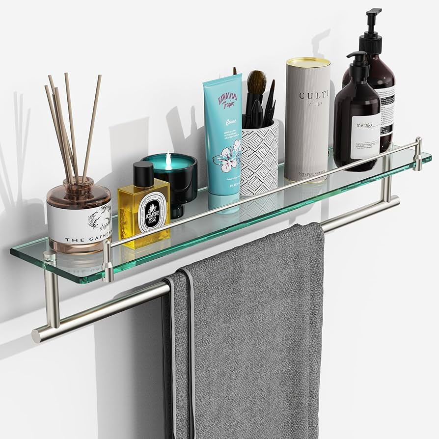 Bathroom Floating Glass Shelves Glass Shelves With Brass Rails For with regard to Understanding the Rise of Modern Bathroom Shelving Solutions