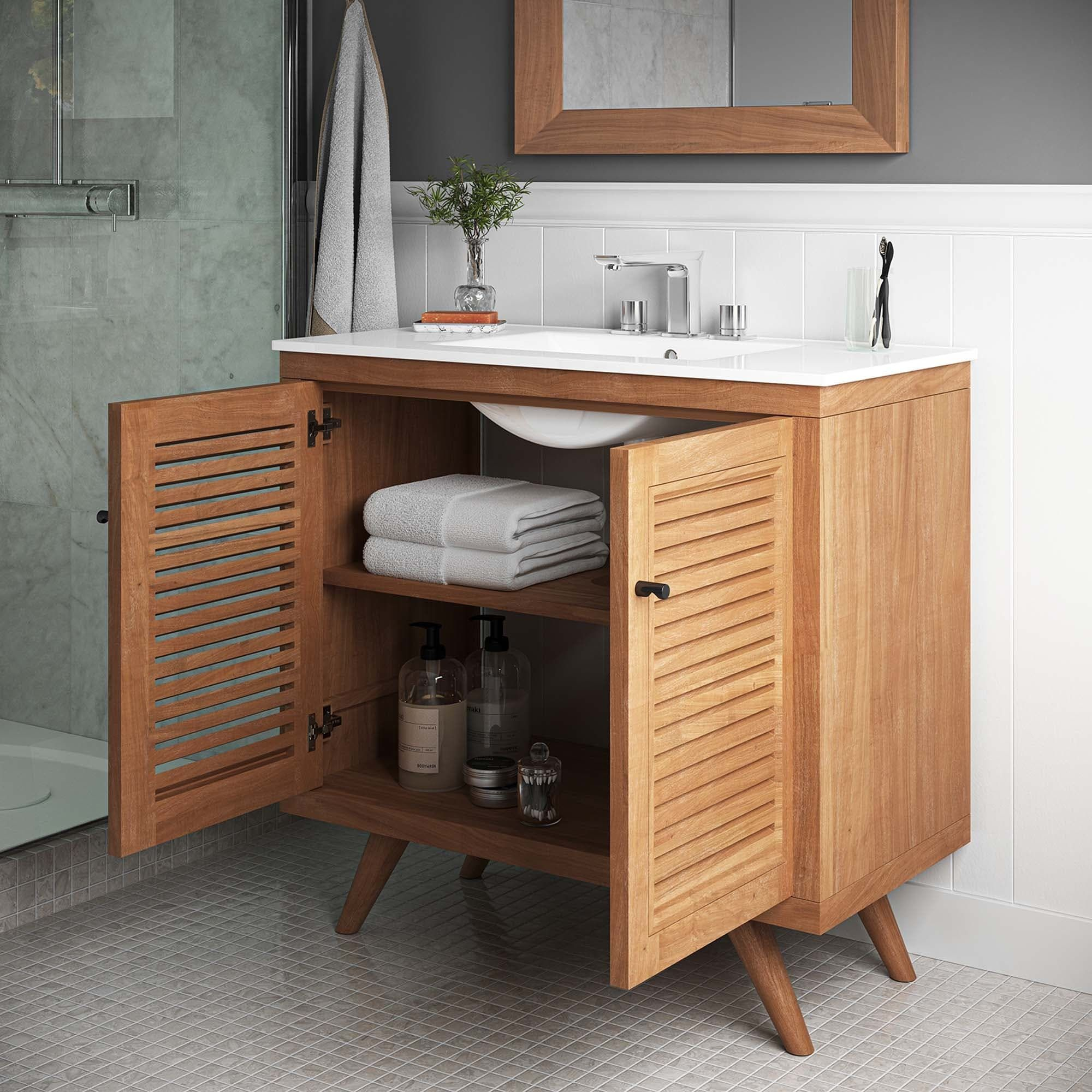 Birdie 36" Teak Wood Bathroom Vanity Cabinet (Sink Basin Not Included ... pertaining to The Artisan Craftsmanship Behind Natural Wood Bathroom Cabinets