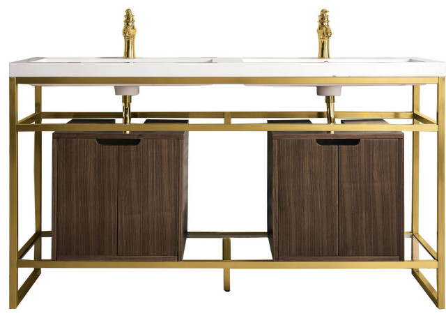 Boston 63" Sink Console Radiant Gold, Walnut Storage Cabinet White ... regarding Boston 19" Storage Cabinet, Walnut