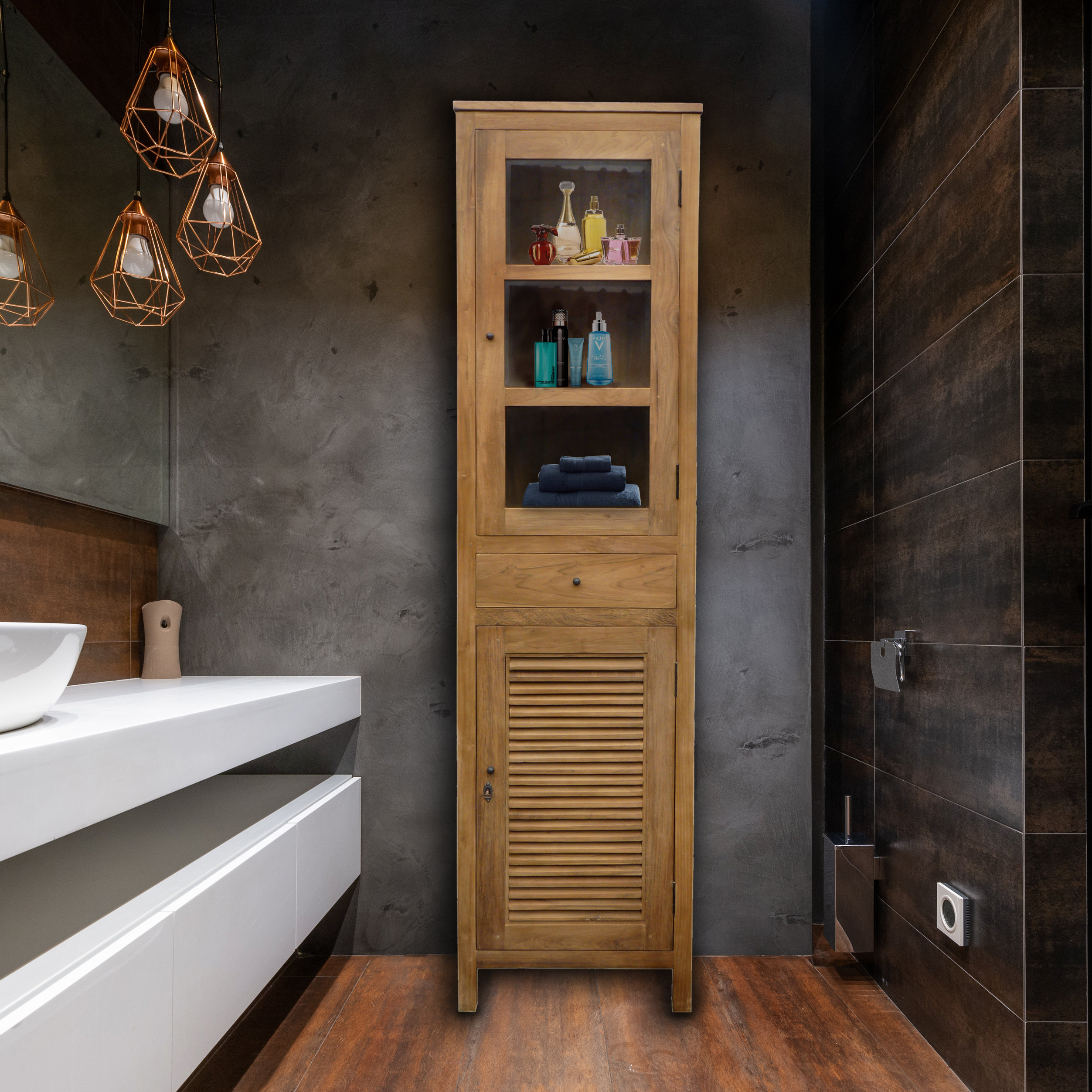 Chic Teak Recycled Teak Wood Lumbrera Vertical Bathroom Linen Cabinet ... intended for How Recycled Teak Wood Cabinets Are Transforming Modern Bathroom Design