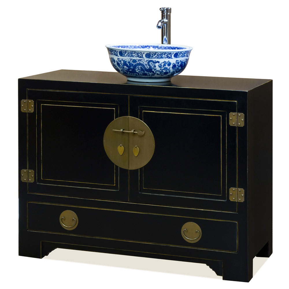 Distressed Elmwood Ming Vanity Cabinet regarding Dark Espresso Elmwood Chinese Ming Vanity Cabinet