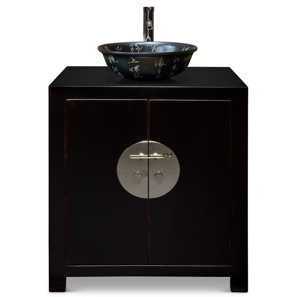Distressed Matte Black Elmwood Chinese Ming Vanity Cabinet With Silver ... within Preserving Heritage Through Modern Dark Espresso Elmwood Chinese Vanity Design