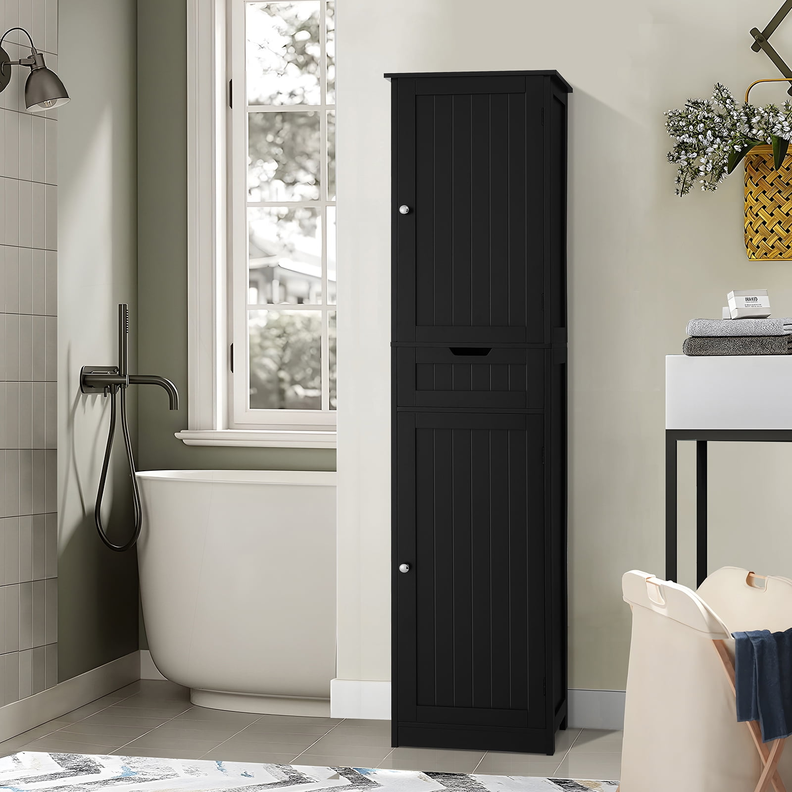 Fangsum Free Standing Wooden Tall Bathroom Cabinet, Storage With Drawer ... with Home Square 2 Piece Tall Bathroom Cabinet Set In Black