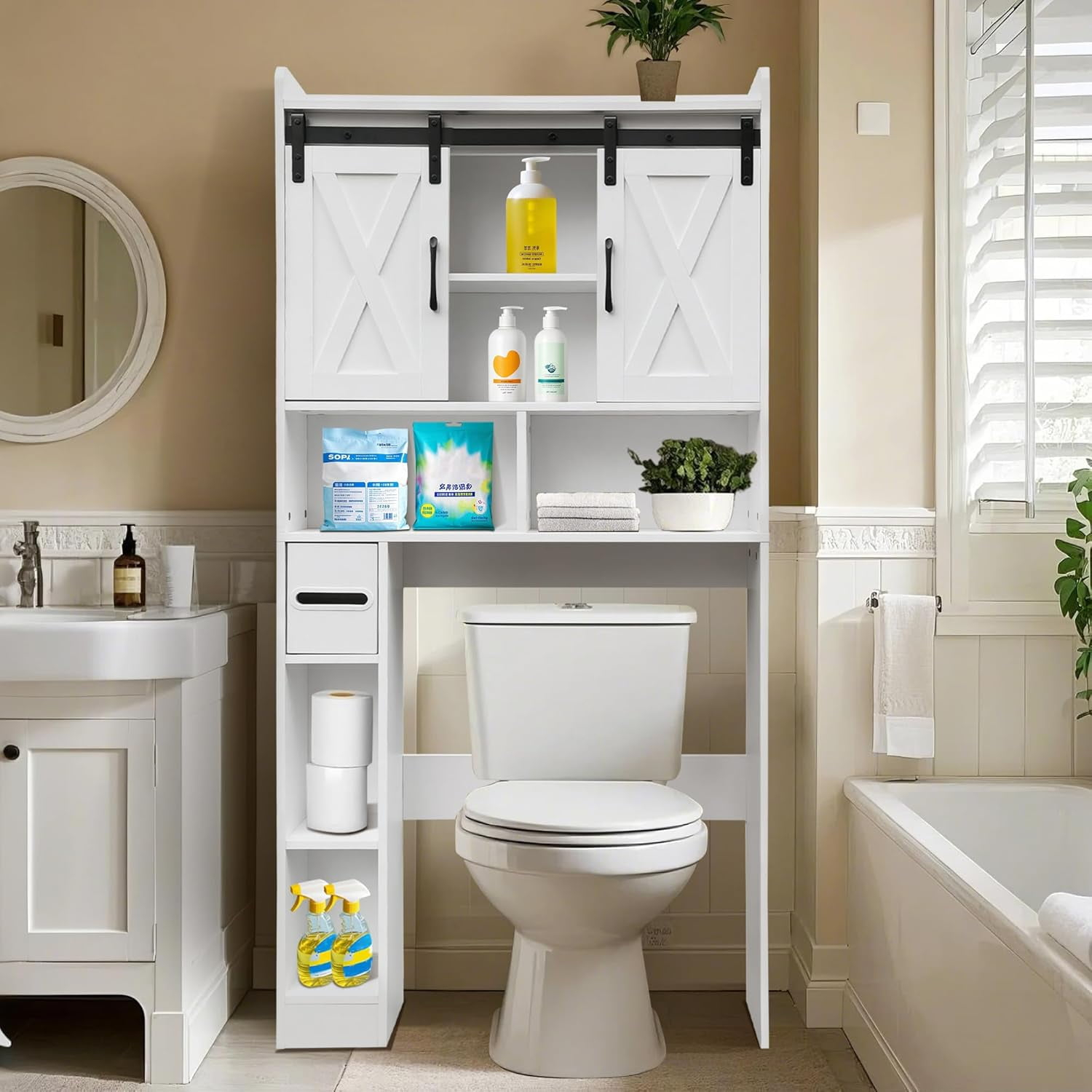 Farmhouse Over The Toilet Storage Cabinet, Space-Saving Toilet Rack ... in Transforming Compact Spaces Through Clever Storage Design