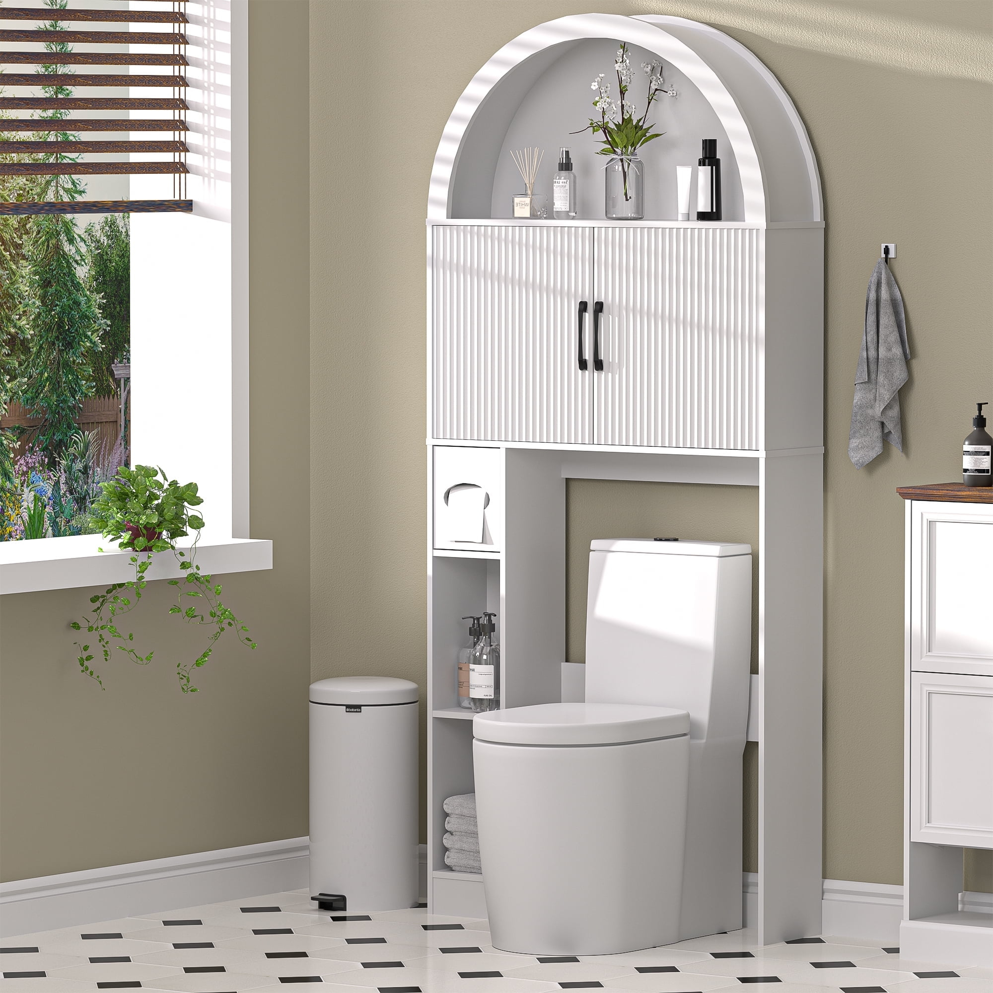 Haripul Over The Toilet Storage Cabinet W/ Unique Wood Grain & Arc ... intended for The Role of WLF2124 Toilet Topper Cabinet White in Modern Bathrooms