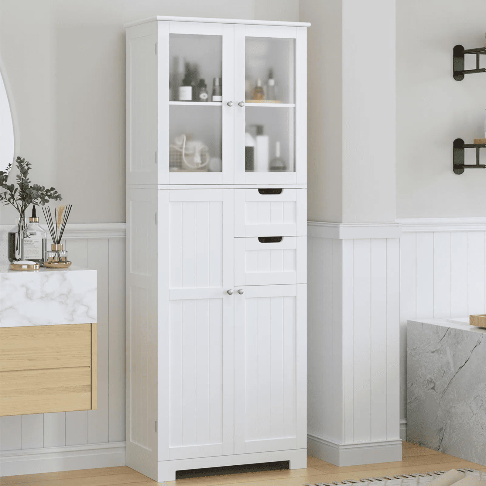 Homfa 67" Tall Bathroom Cabinet, White Linen Cabinet With Doors And ... with Randall Linen Cabinet
