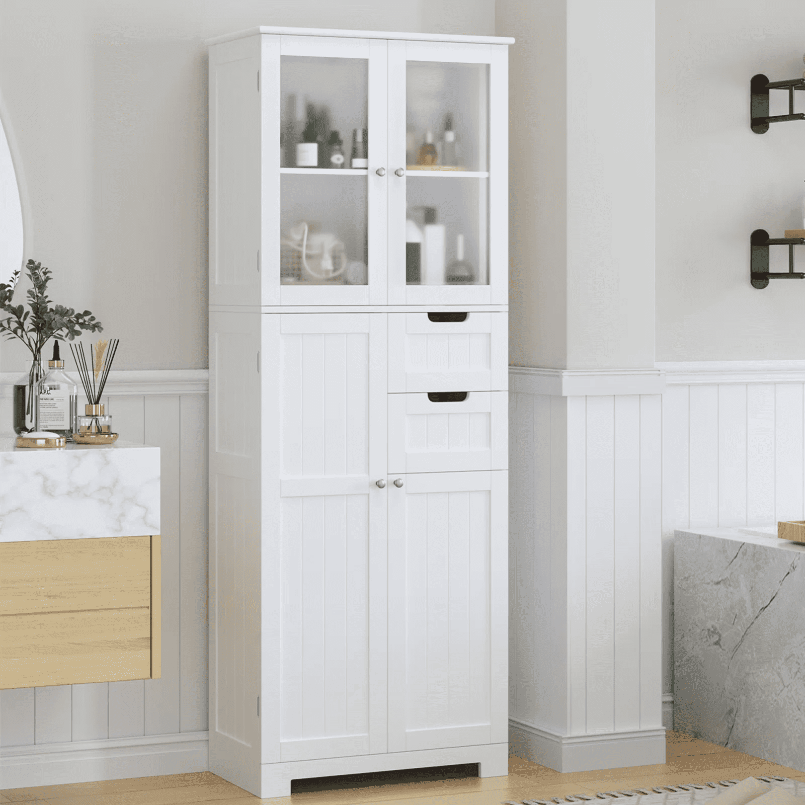 "Homfa 67"" Tall Bathroom Cabinet, White Linen, Doors, Removable ... with Wlf2221 Linen Cabinet, White