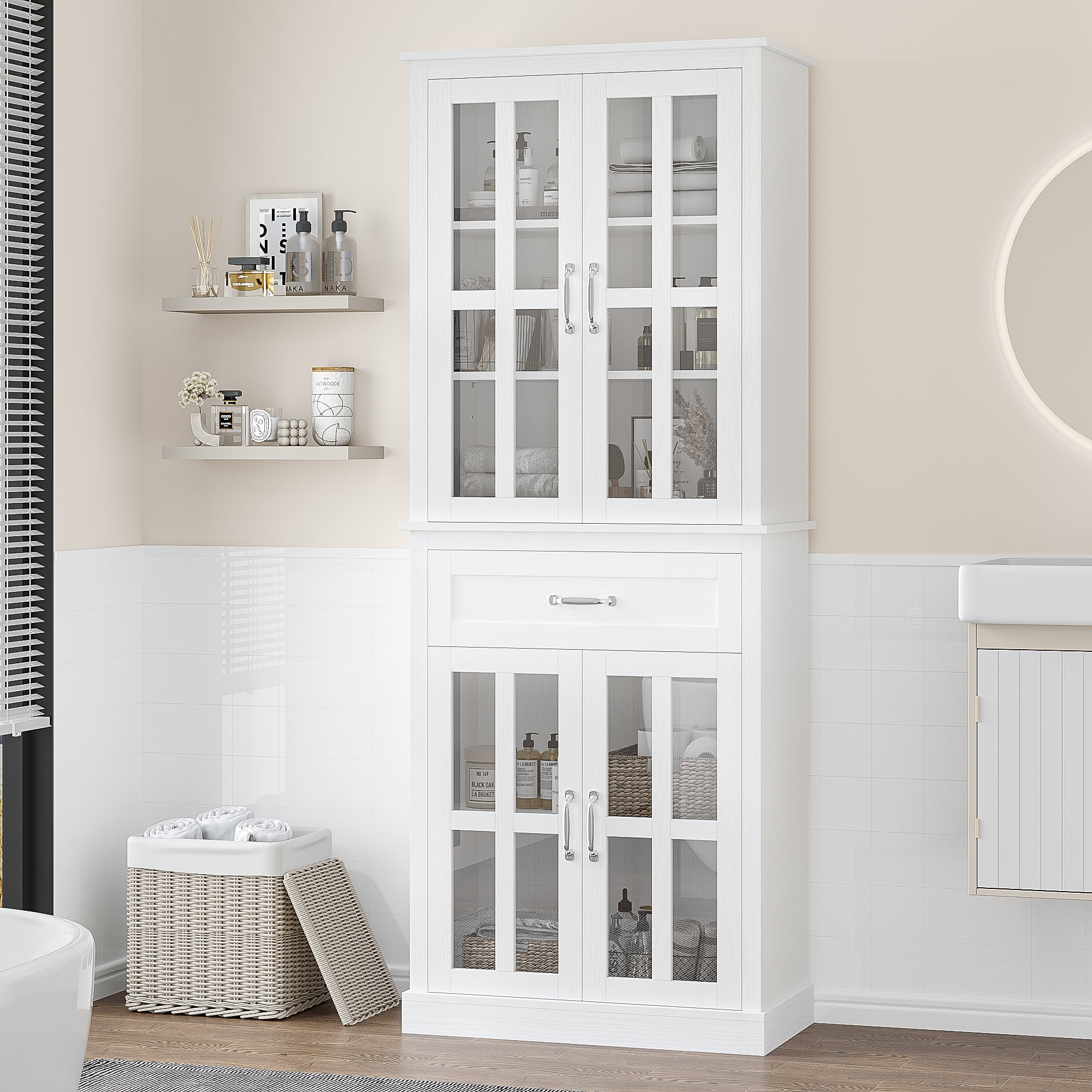 Homfa 71'' Tall Cupboard, Bathroom Floor Linen Cabinet With 4 Glass ... within Riley 18" 1 Door, 2 Shelves Linen Cabinet Bottom