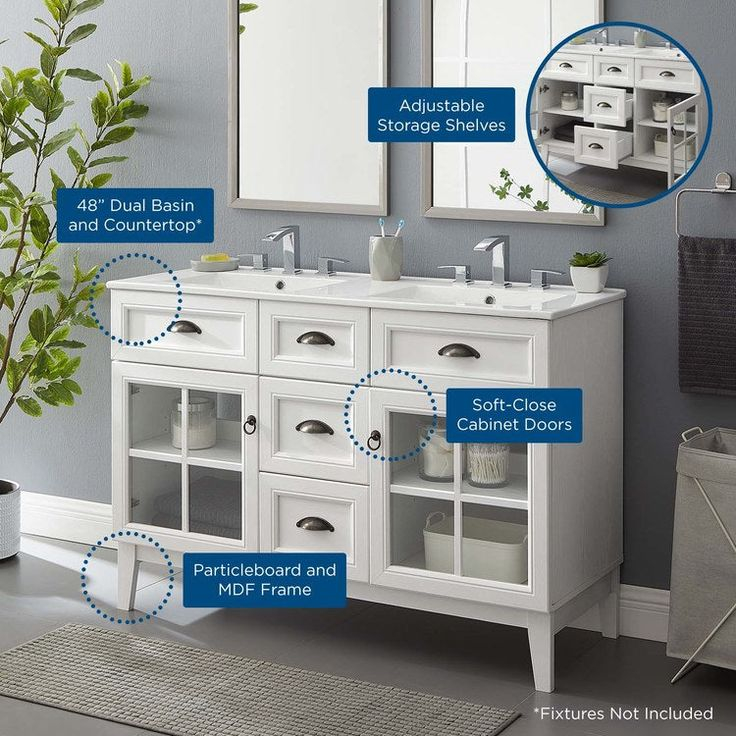 Isle 48" Double Bathroom Vanity Cabinet With White Ceramic Top And ... for Isle 48" Double Bathroom Vanity Cabinet White White