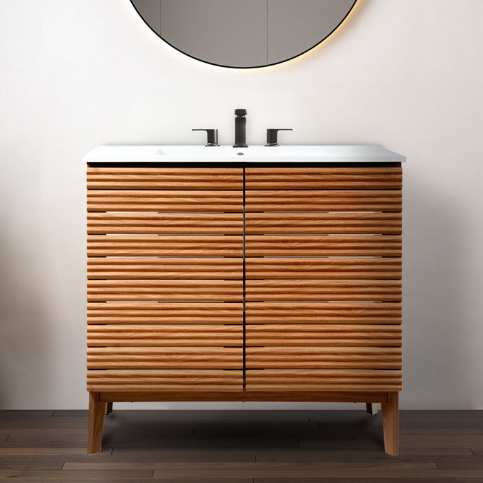 Jonathan Y Calandre 36" Slat Modern Farmhouse 2-Shelf Bath Vanity ... with 36" Modern 2-Shelf Bath Vanity Cabinet Only (Sink Basin Not Included), Walnut