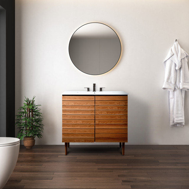 Linear Slat Modern 2-Shelf Bath Vanity Cabinet Only, Sink Basin Not ... within 36" Modern 2-Shelf Bath Vanity Cabinet Only (Sink Basin Not Included), Walnut