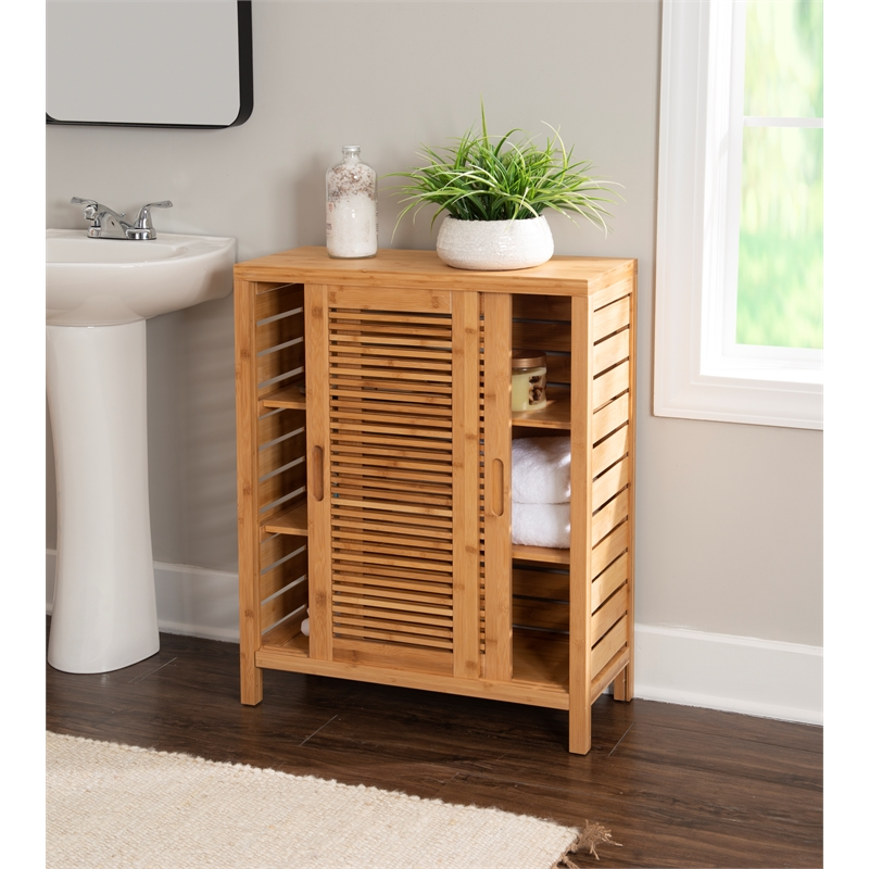 Linon Bracken Sturdy Solid Bamboo 2 Door 3 Shelf Floor Cabinet In ... inside Understanding the Durability and Care of Natural Bamboo Furniture