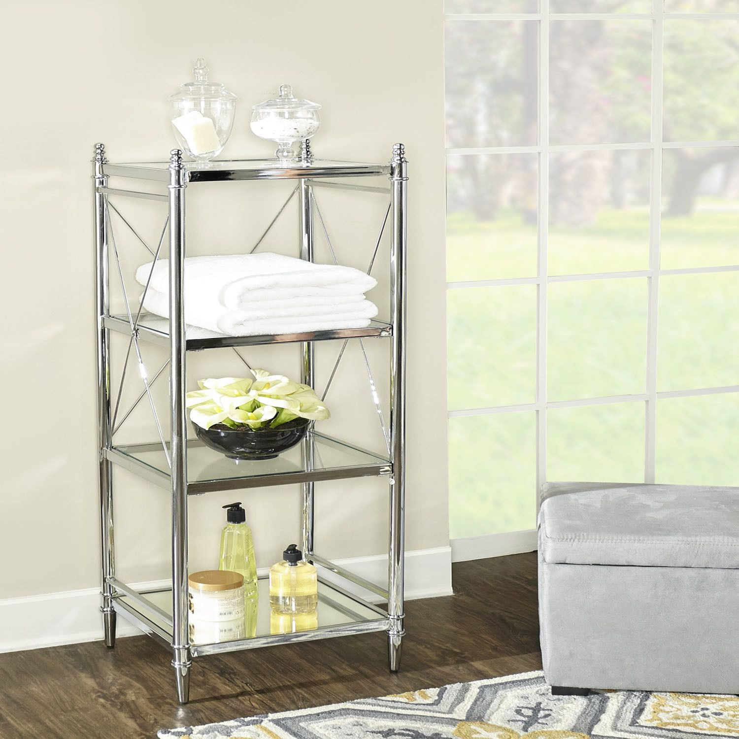 Linon Walker Chrome And Glass Four-Tier Shelf (Pinnacle Chrome And G ... pertaining to How Chrome Finishes Enhance Both Functionality and Aesthetics in Modern Cabin Bathrooms