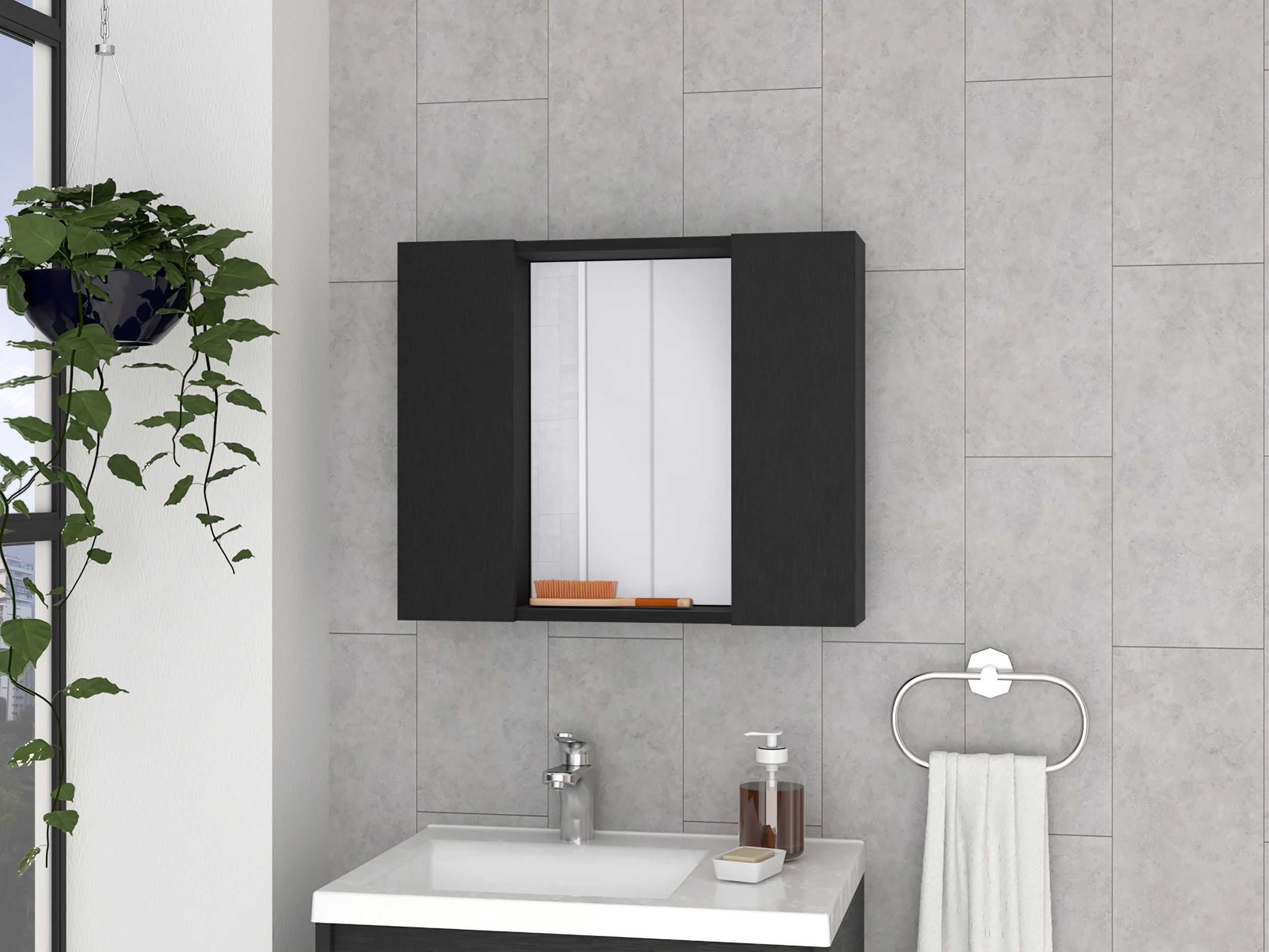 Medicine Cabinet Hops, Double Door, Mirror, One External Shelf, Black ... regarding Roma Mirrored Medicine Cabinet Black Wengue