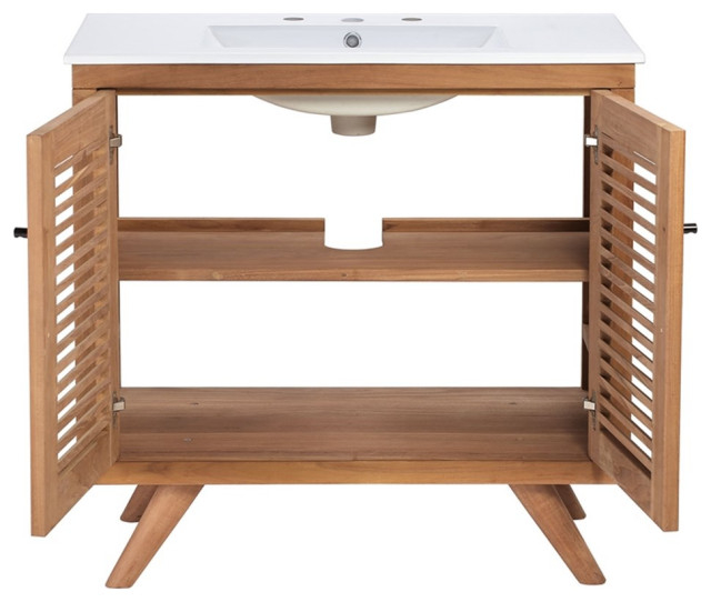 Modway Birdie 36" Modern Teak Wood Bathroom Vanity In Natural/White ... with regard to Birdie 24" Bathroom Vanity Natural White