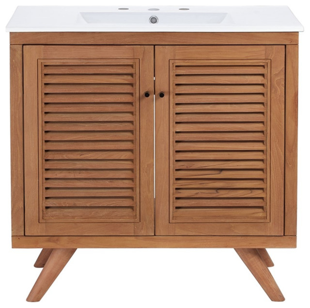 Modway Birdie 36" Modern Teak Wood Bathroom Vanity In Natural/White ... with regard to The Artisan Craftsmanship Behind Natural Wood Bathroom Cabinets