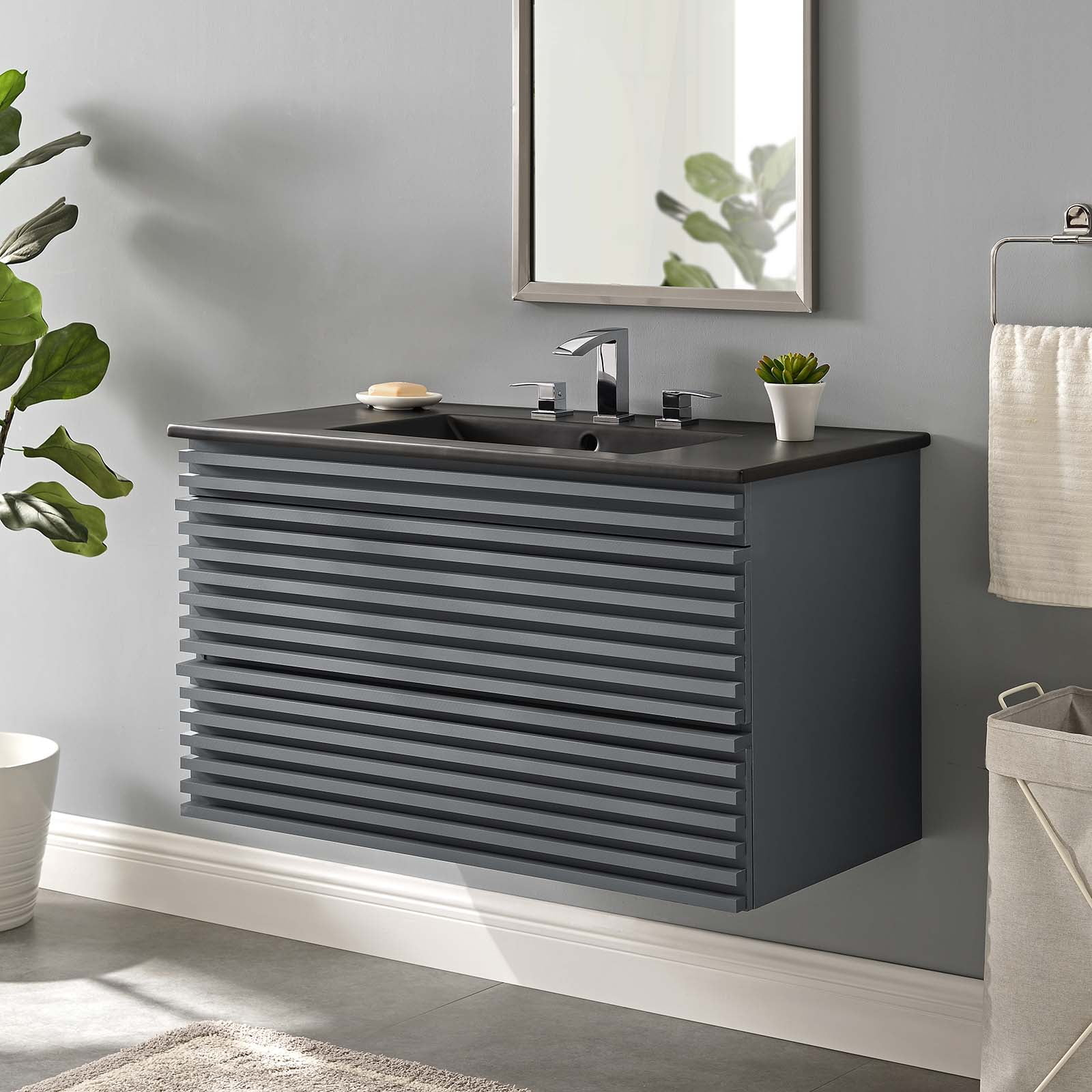 Modway Render 36" Wall-Mount Bathroom Vanity In Gray Black - Walmart.com throughout Space-Saving Solutions: Maximizing Small Bathrooms with Wall-Mount Vanities
