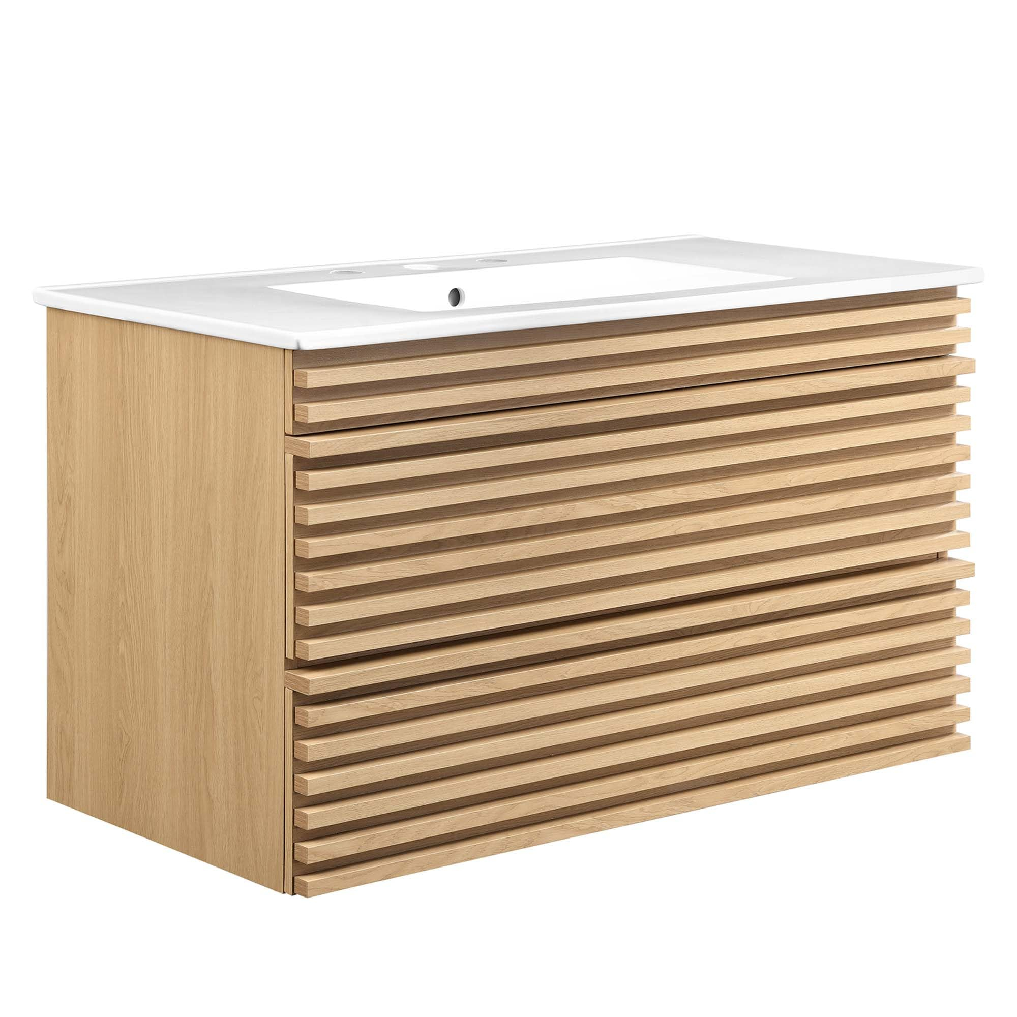 Modway Render 36" Wall-Mount Bathroom Vanity In Oak White For Sale ... in Render 36 Wall-Mount Bathroom Vanity