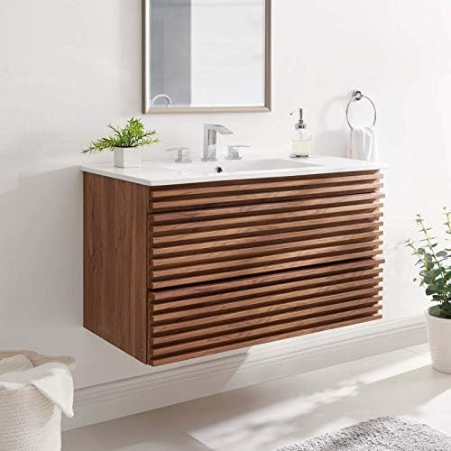 Modway Render 36" Wall-Mount Bathroom Vanity In Walnut White - Amazon.com intended for Space-Saving Solutions: Maximizing Small Bathrooms with Wall-Mount Vanities