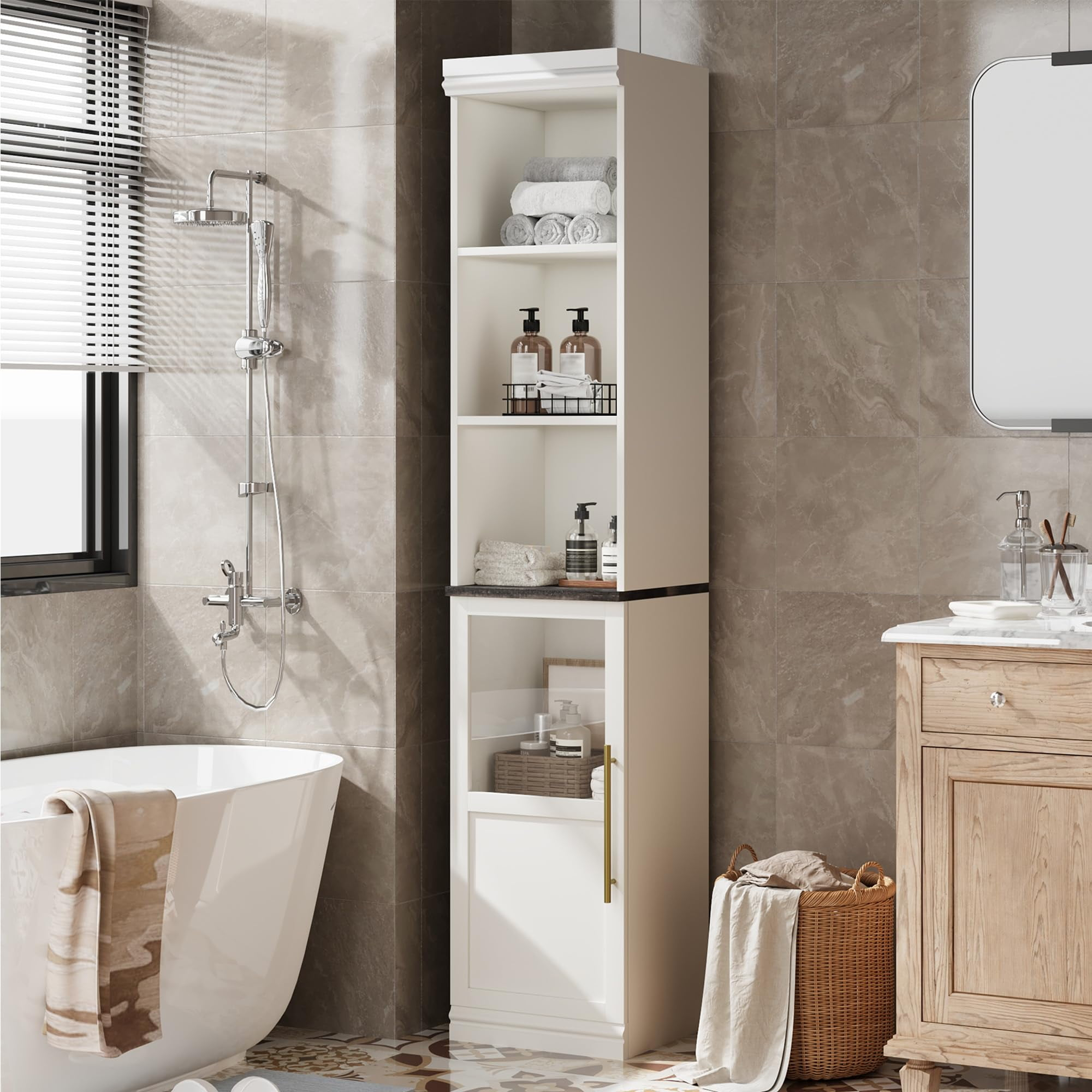 Narrow Bathroom Cabinet, 70" H Tall Slim Storage Cabinet With Glass ... with regard to Maximizing Space with Freestanding Linen Cabinets