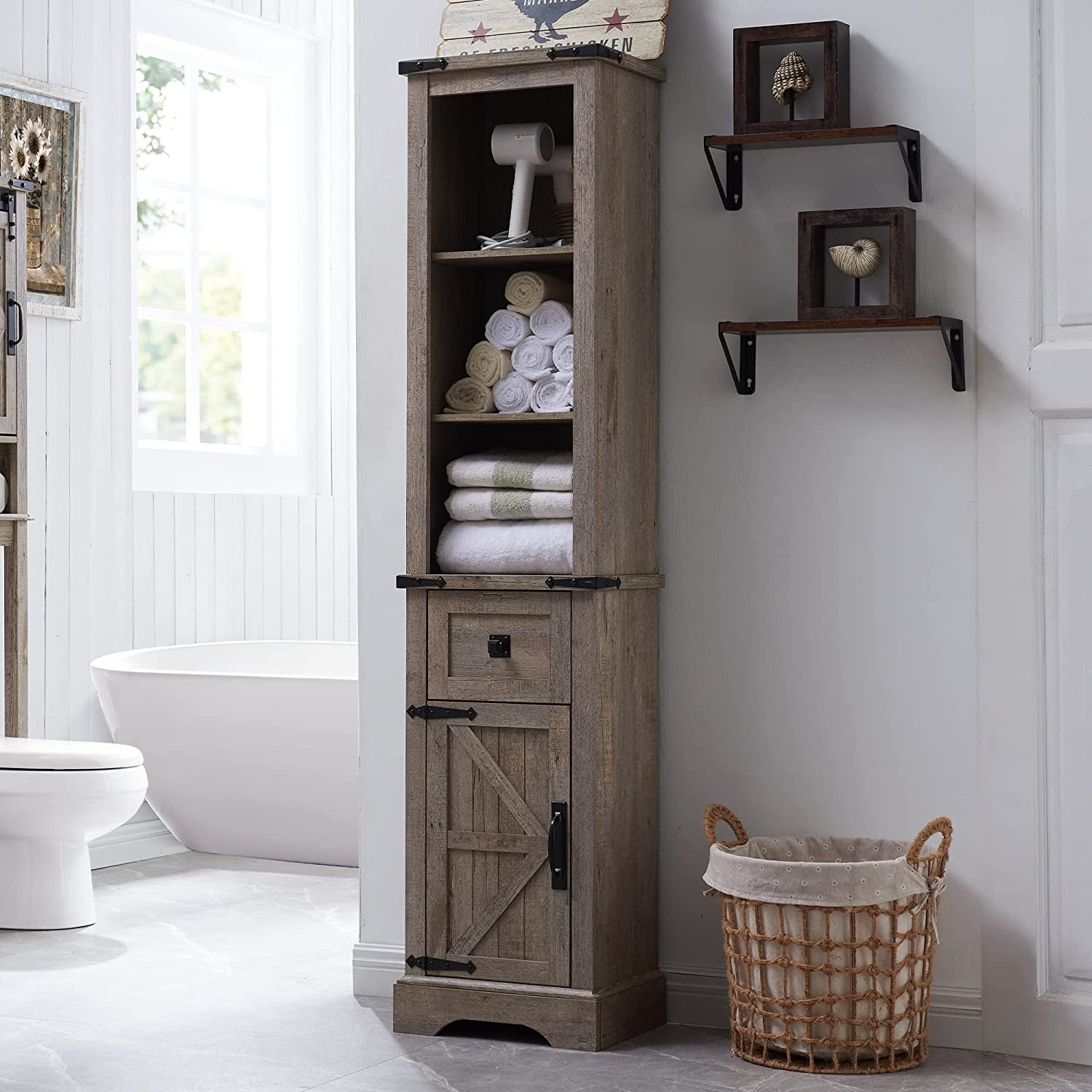 Okd Farmhouse Bathroom Storage Tower, Tall Cabinet With Door And Drawer ... regarding Understanding the Acadian Bath Storage Tower System