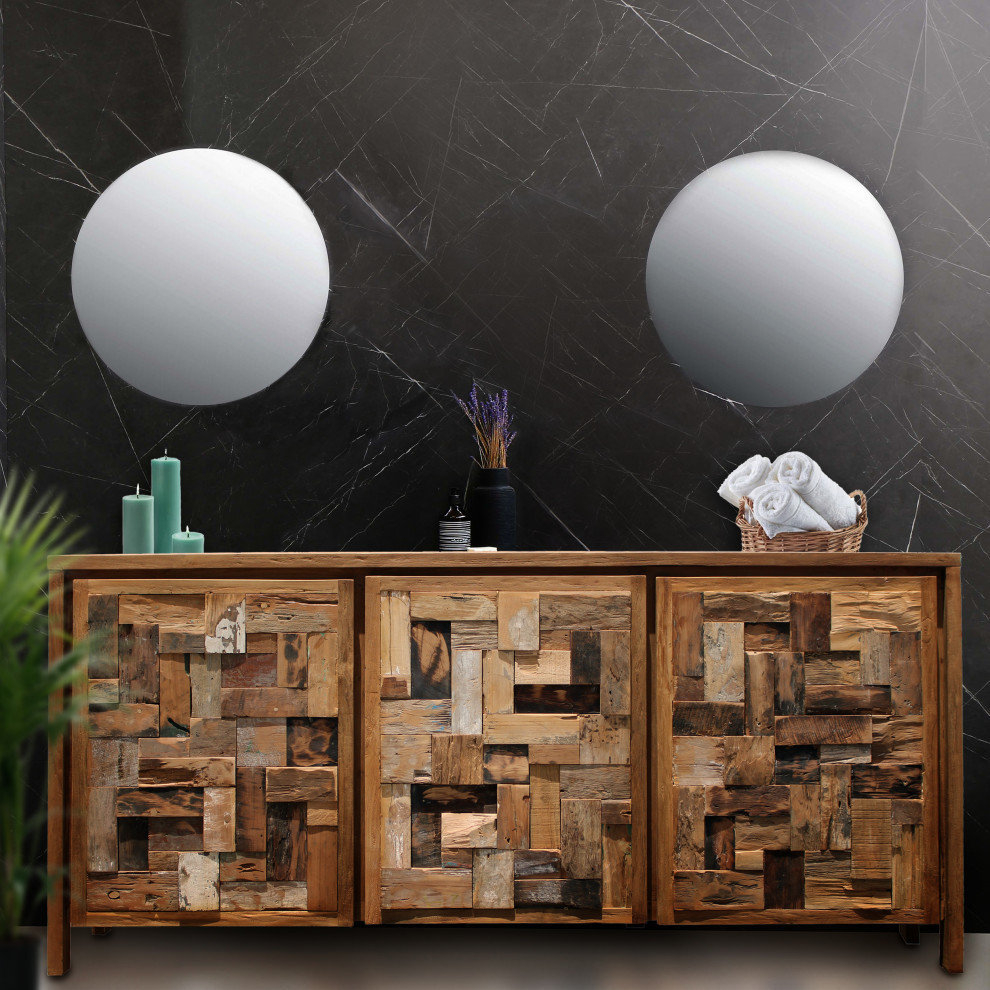 Recycled Teak Wood Apaza Bathroom Linen Cabinet With 3 Doors - Rustic ... with regard to How Recycled Teak Wood Cabinets Are Transforming Modern Bathroom Design