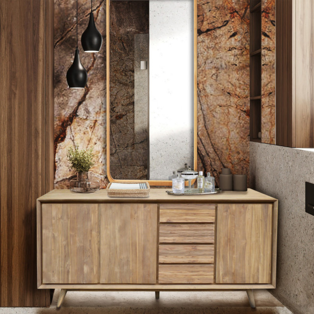 Recycled Teak Wood Gizos Bathroom Linen Cabinet With 3 Doors/4 Drawers ... inside How Recycled Teak Wood Cabinets Are Transforming Modern Bathroom Design