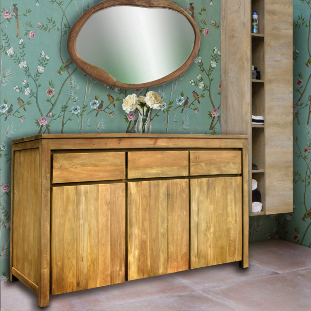 Recycled Teak Wood Valencia Bathroom Linen Cabinet With 3 Doors/3 ... with regard to A Sustainable Approach to Bathroom Organization Using Recycled Teak Wood