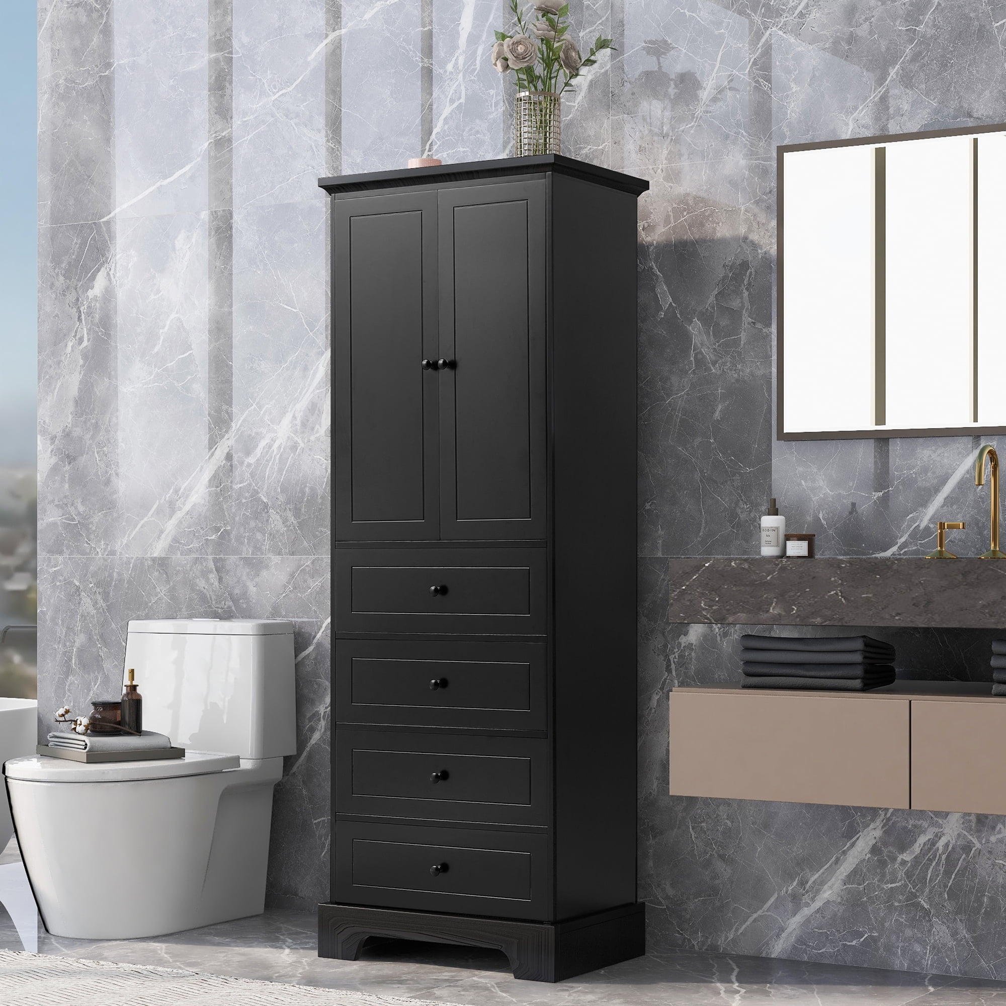 Royard Oaktree Tall Bathroom Cabinet With 2 Doors And Adjustable ... with regard to Home Square 2 Piece Tall Bathroom Cabinet Set In Black