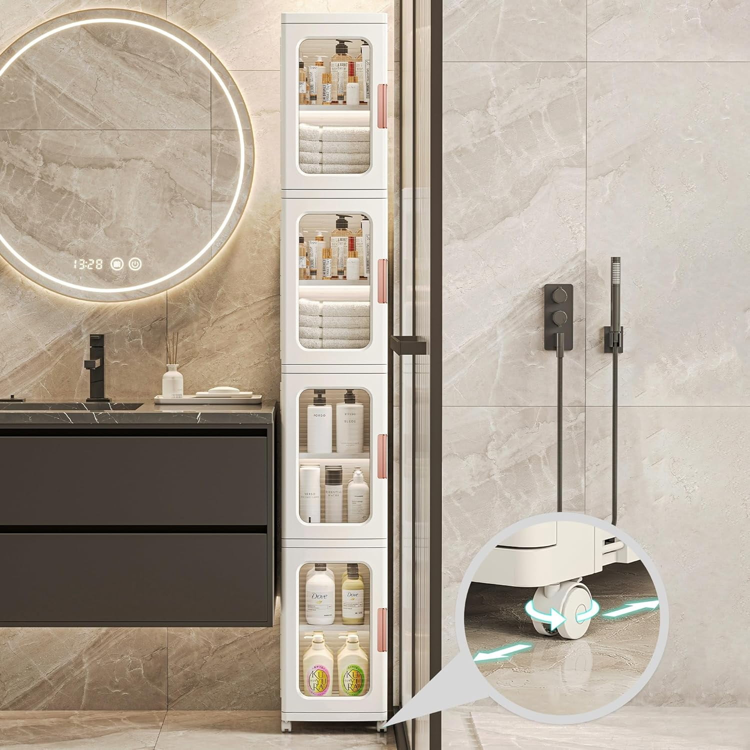Slim Tall Bathroom Storage Cabinet With Doors And Shelves, 4-Tiers ... intended for Bathroom Storage Cabinet, Compact Freestanding Linen Cabinet For Small Spaces, Elements