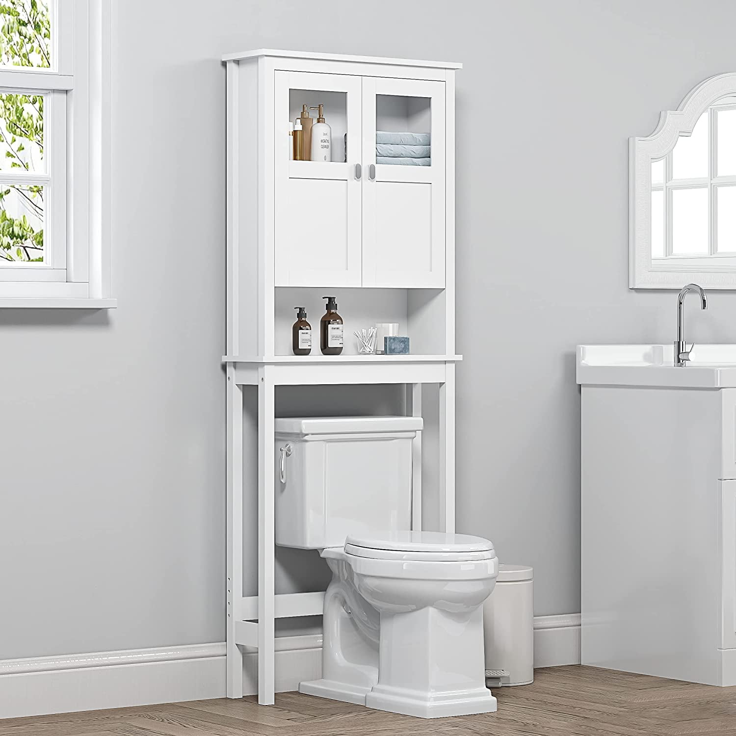 Spirich Sturdy Wood Bathroom Cabinet With Glass Doors, Adjustable ... for Key West Over The Toilet Storage Cabinet In White Ash - Engineered Wood