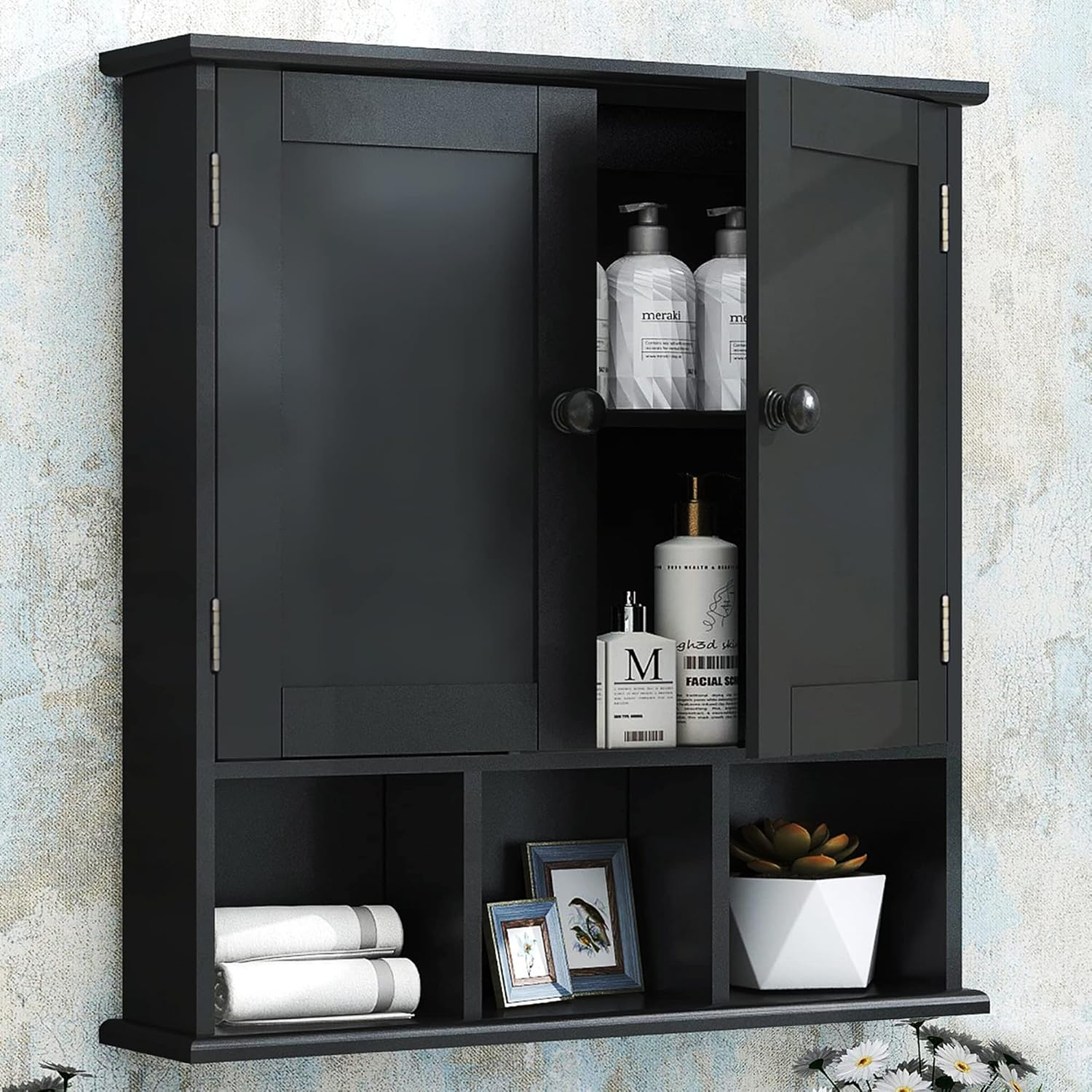 Taohfe Black Bathroom Cabinet, Wall Mounted 2 Door Storage With ... inside Home Square 2 Piece Tall Bathroom Cabinet Set In Black