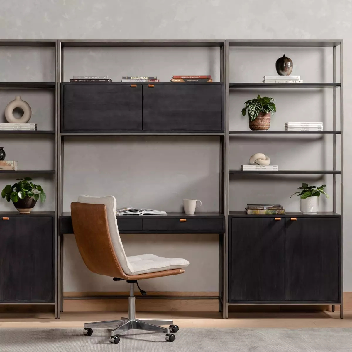 Trey Modular Wall Desk W/ 2 Bookcases Black Wash Poplar Four Hands within Trey Modular Wall Desk-Black Wash Poplar