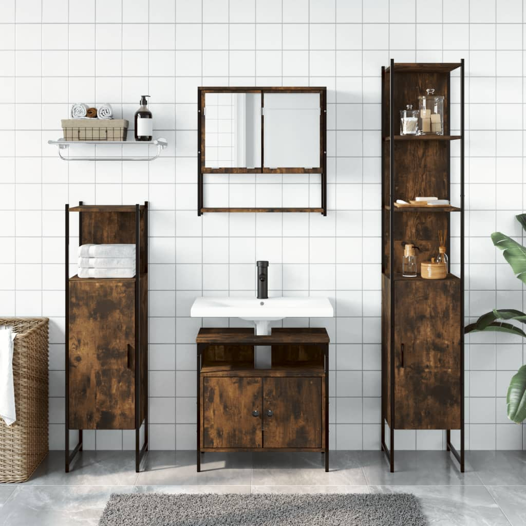 Vidaxl 4 Piece Bathroom Furniture Set Smoked Oak Engineered Wood ... throughout Exploring the Natural Beauty of Water Hyacinth in Bathroom Accessories