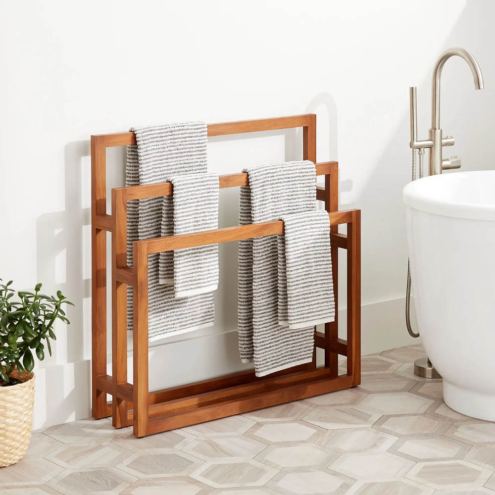 Yuhan Freestanding Teak Towel Rack - Bathroom intended for Comparing Avanity Teak 16 inch towel racks with other bathroom accessories