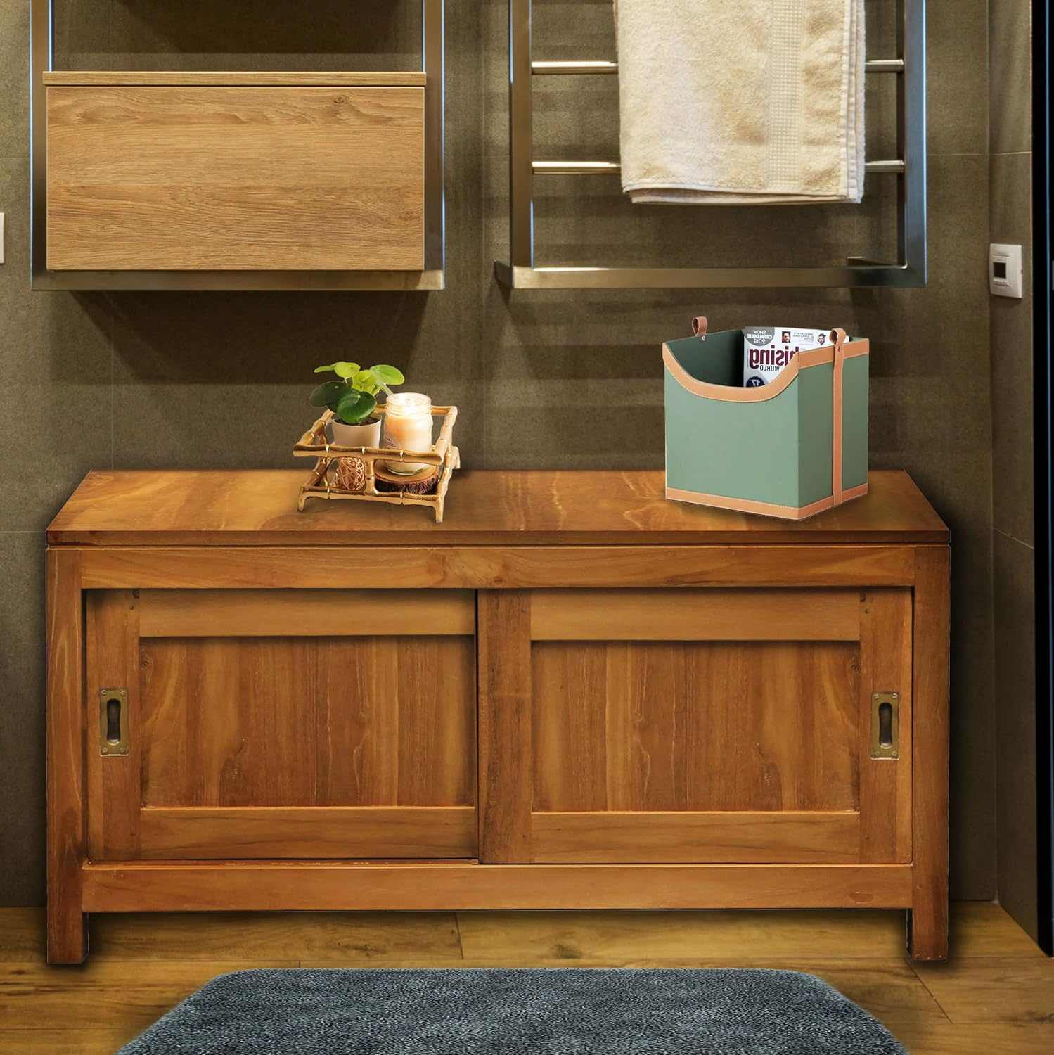 Buy Waxed Teak Wood Sonoma Bathroom Linen Cabinet With 2 Sliding Doors ... inside How Waxed Teak Wood Creates a Warm Bathroom Atmosphere