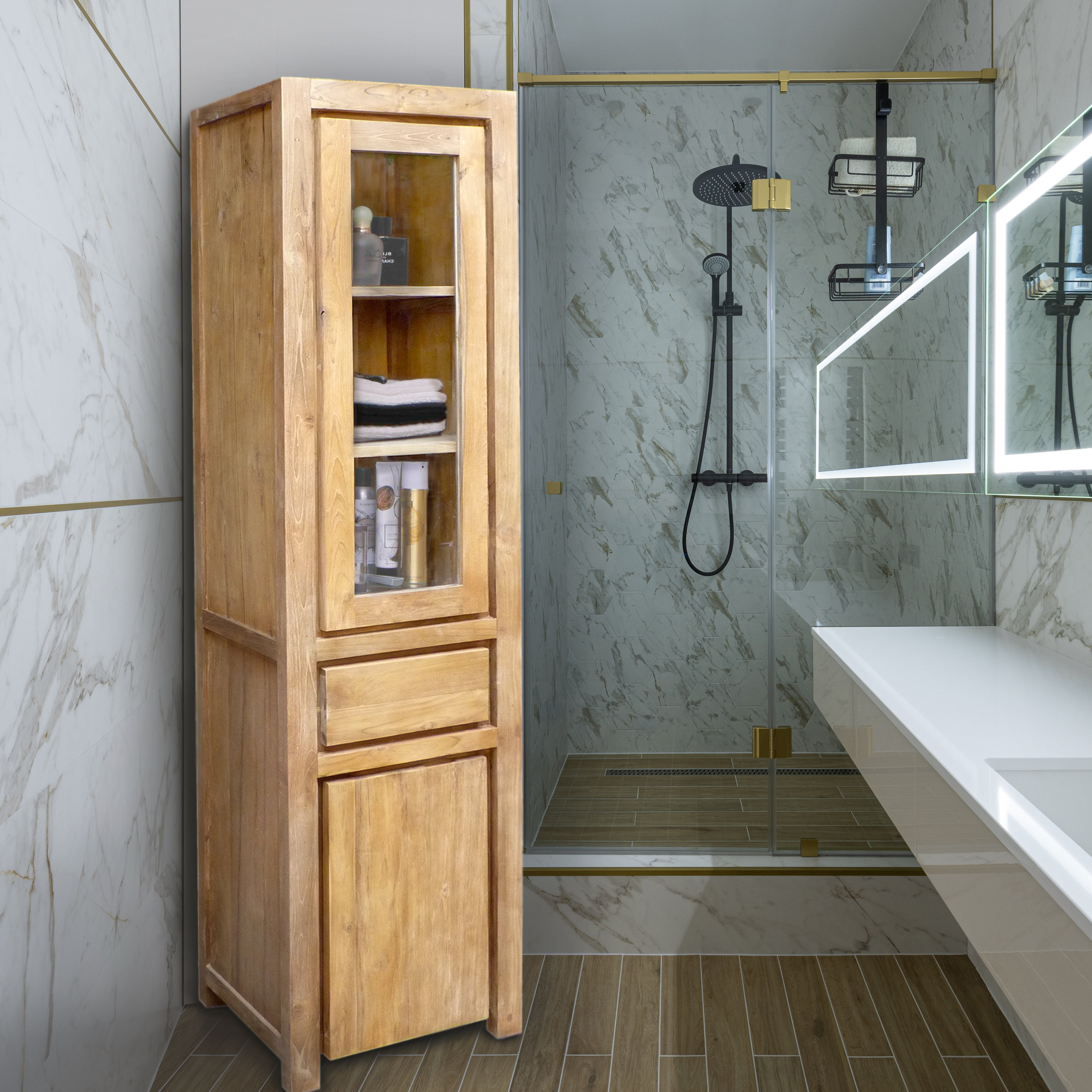 Chic Teak Recycled Teak Wood Singola Vertical Bathroom Linen Cabinet ... within How Waxed Teak Wood Creates a Warm Bathroom Atmosphere