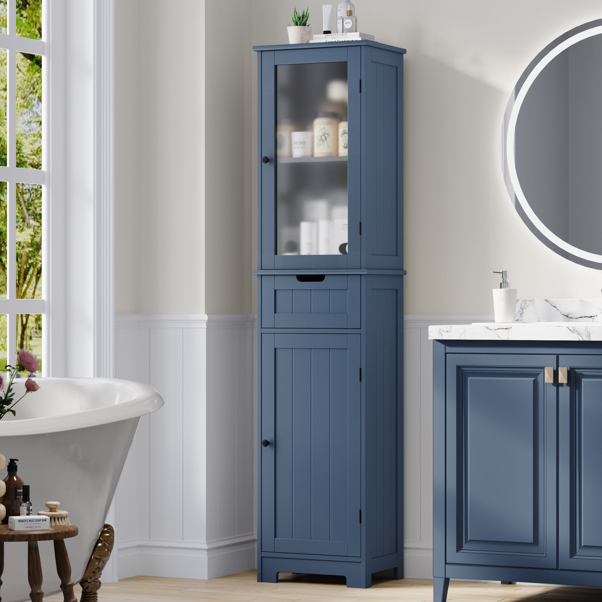 Homfa Bathroom Storage Tower, Narrow Linen Cabinet With Door And ... pertaining to Mob Bathroom Linen Cabinet