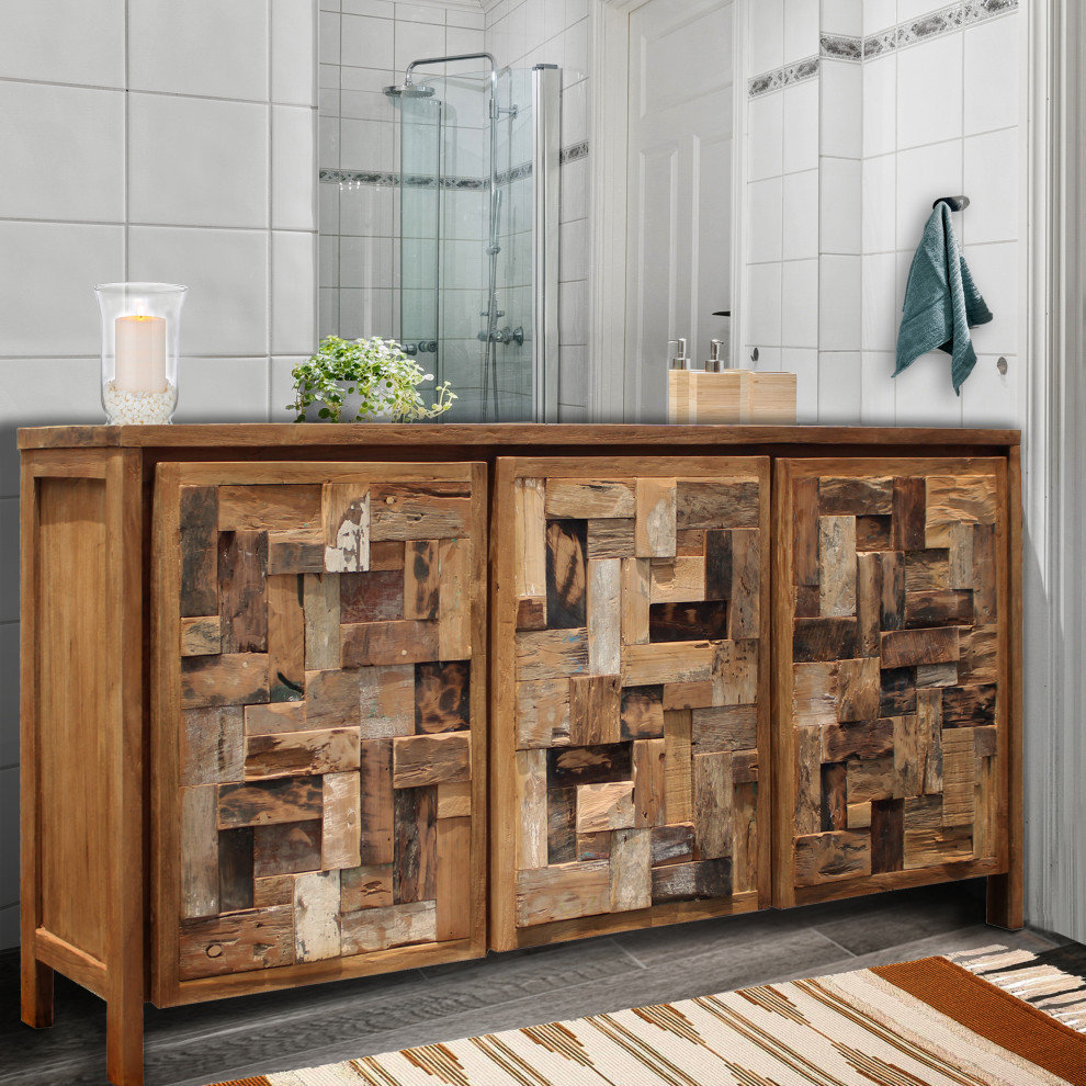 Recycled Teak Wood Apaza Bathroom Linen Cabinet With 3 Doors - Rustic ... intended for How Waxed Teak Wood Creates a Warm Bathroom Atmosphere
