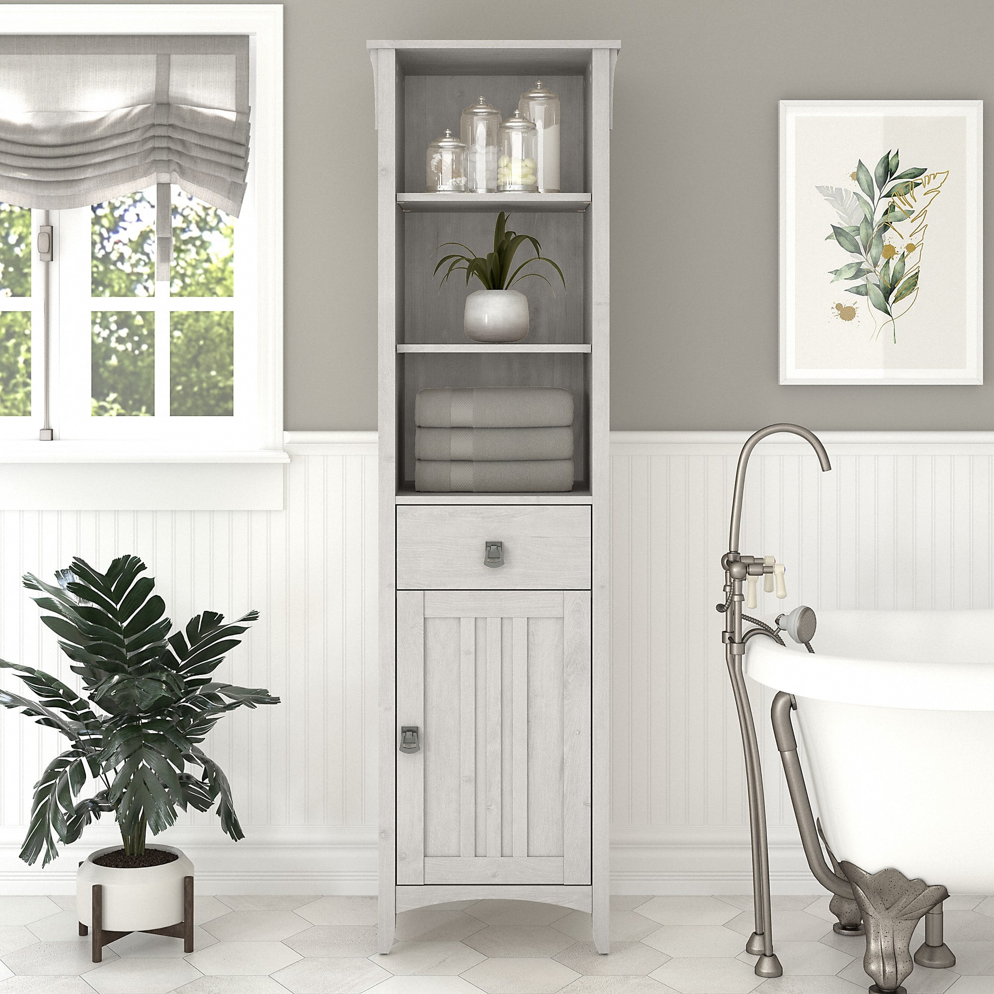 Salinas Tall Bathroom Storage Cabinet In Linen White Oak - Engineered ... throughout Salinas Bathroom Storage Cabinet