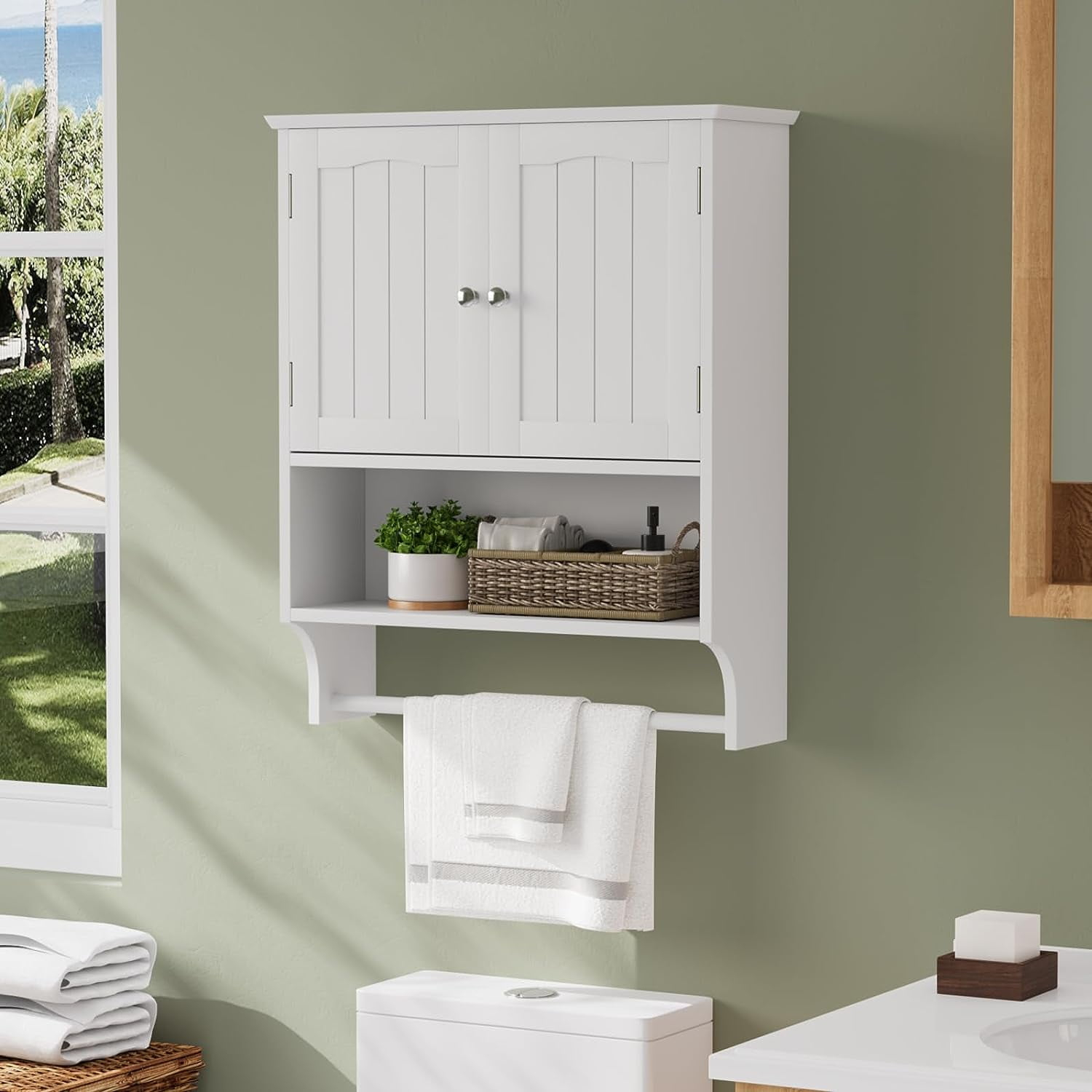 White Wall Mounted Bathroom Cabinet With Towel Bar - Adjustable Shelves ... within How to maximize vertical space with white wall-mounted organizers