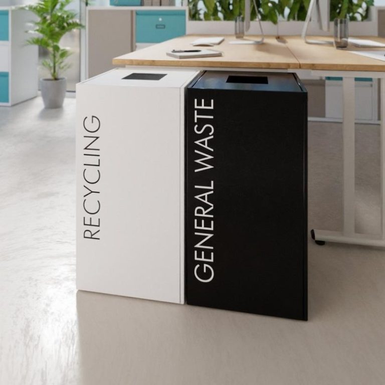 White Office Recycling Bins | Black Waste Separation Bins for Office Bench Guide