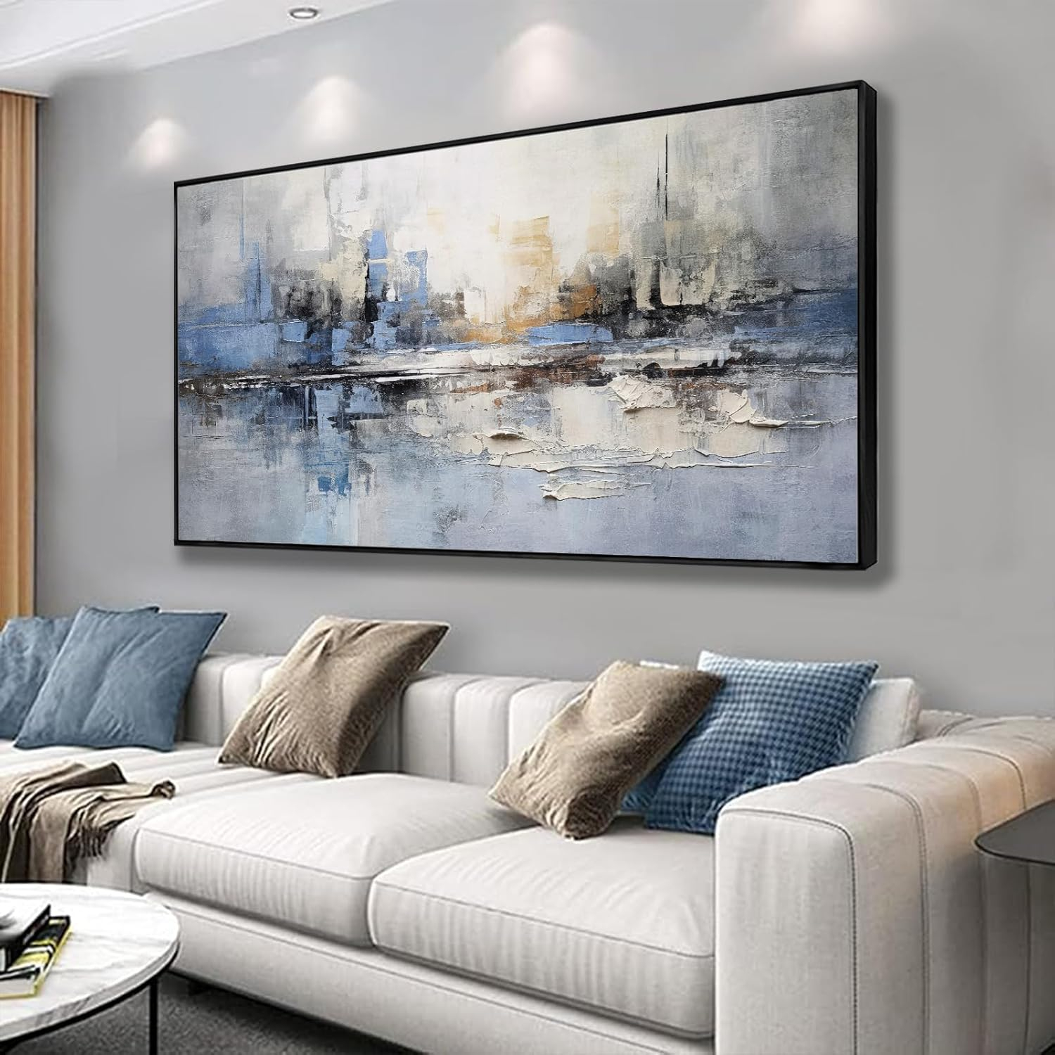 Amazon.com: Abstract Wall Art Blue And White Reflection Large Size ... for Abstract Canvas Art For Living Room